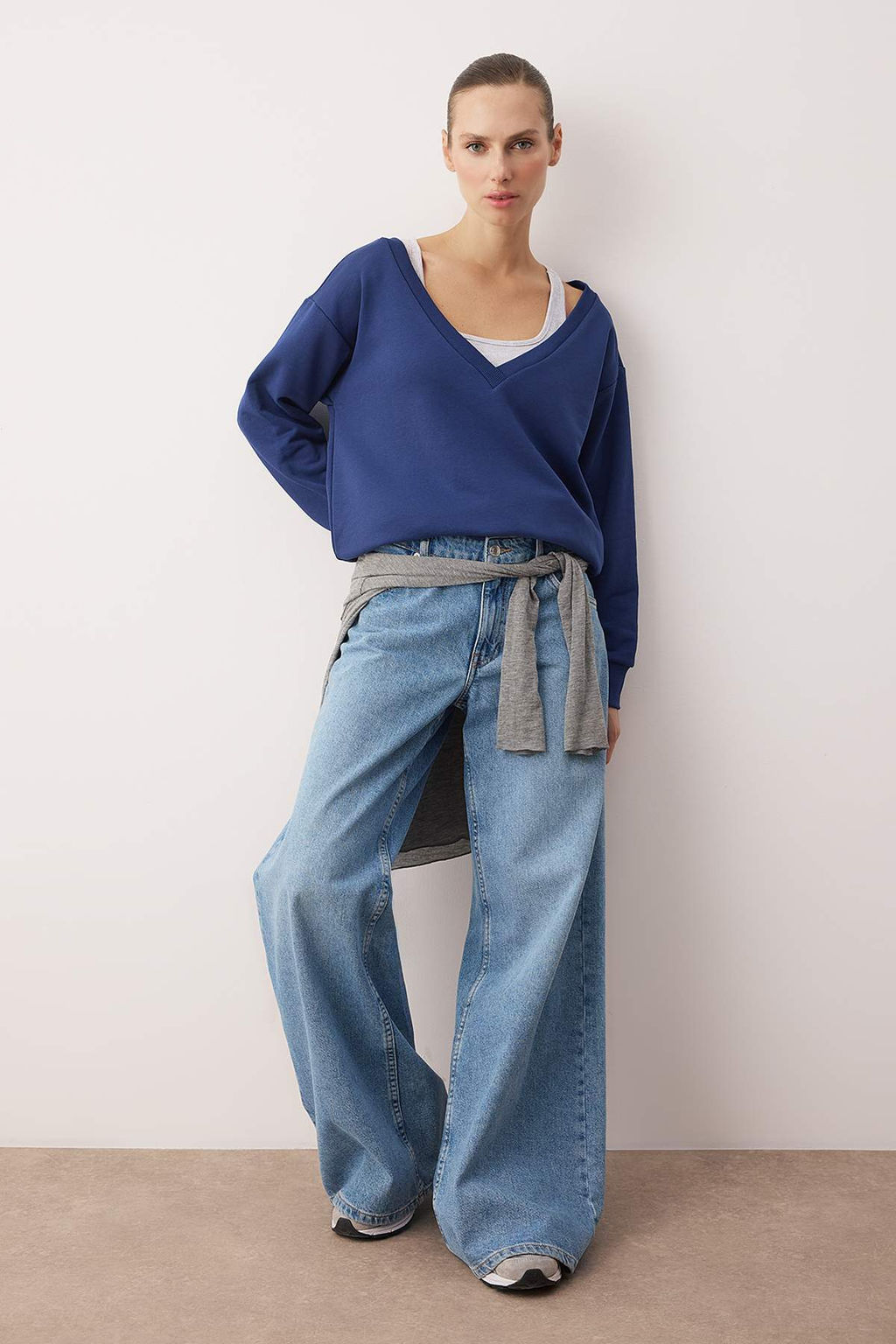 Teen Lacivert 2li Dusuk Omuzlu Orme Sweatshirt TWOAW26SW00149