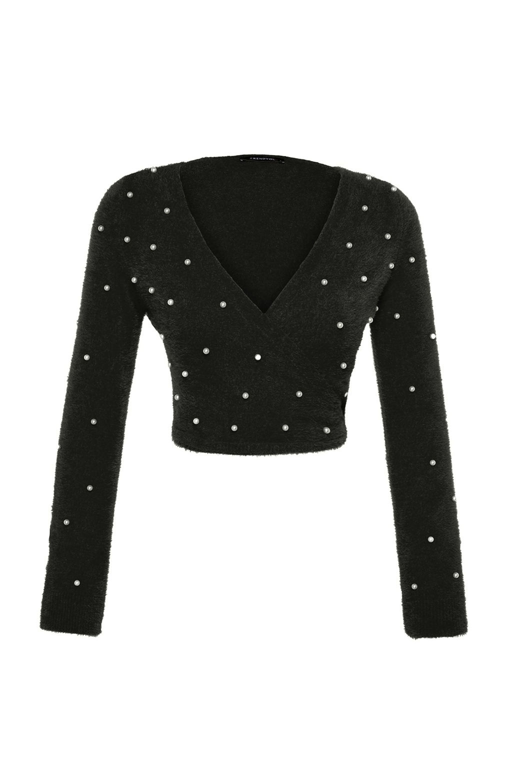 Siyah Super Crop Tuylu/Sakal Iplikli Inci Detayl? Triko Kazak TWOAW24KZ00228 - Trendyolmilla фото 5