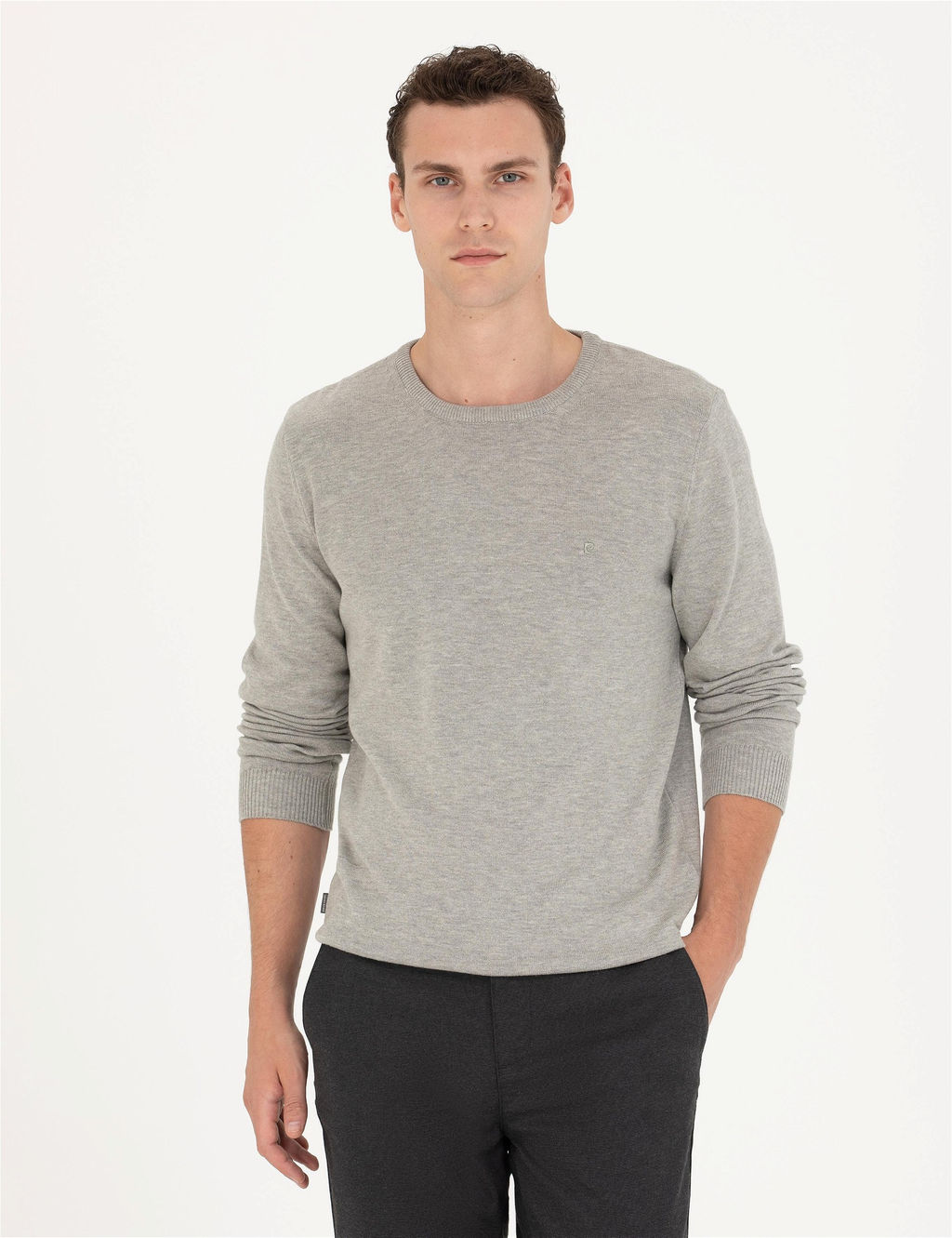 A__k Gri Melanj Slim Fit Bisiklet Yaka Basic Triko Kazak