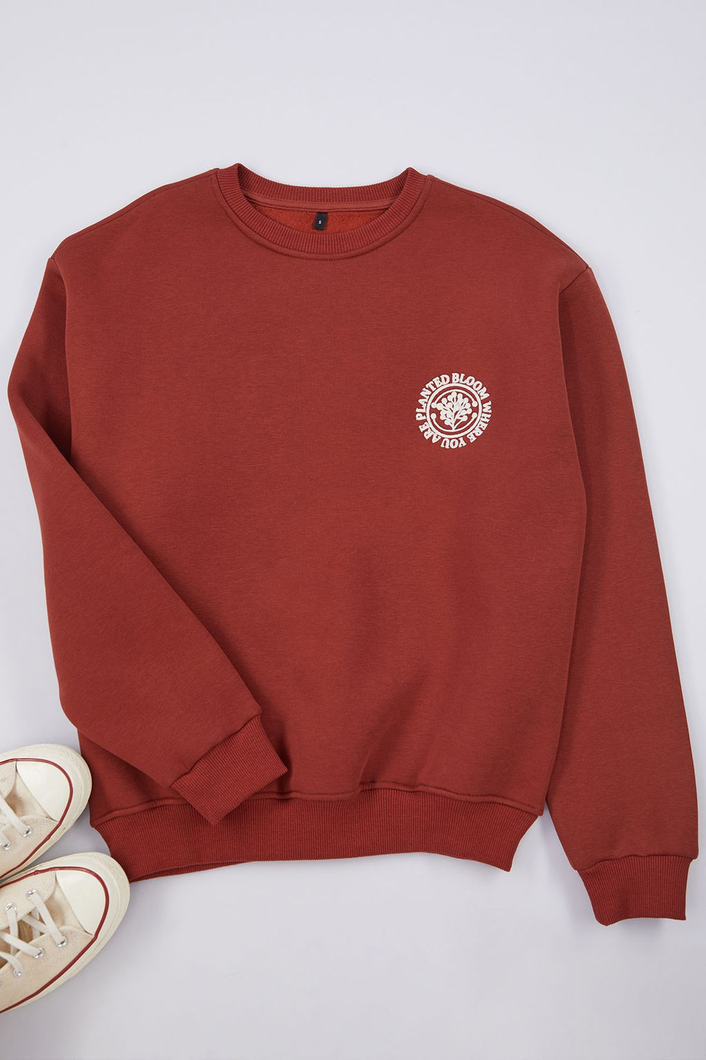 TRENDYOL MAN Kahverengi Oversize/Genis Kesim Cicek Nak?s Ici Polar/S?cak Tutan Pamuk Sweatshirt TMNAW24SW00012 - Trendyolmilla фото 9