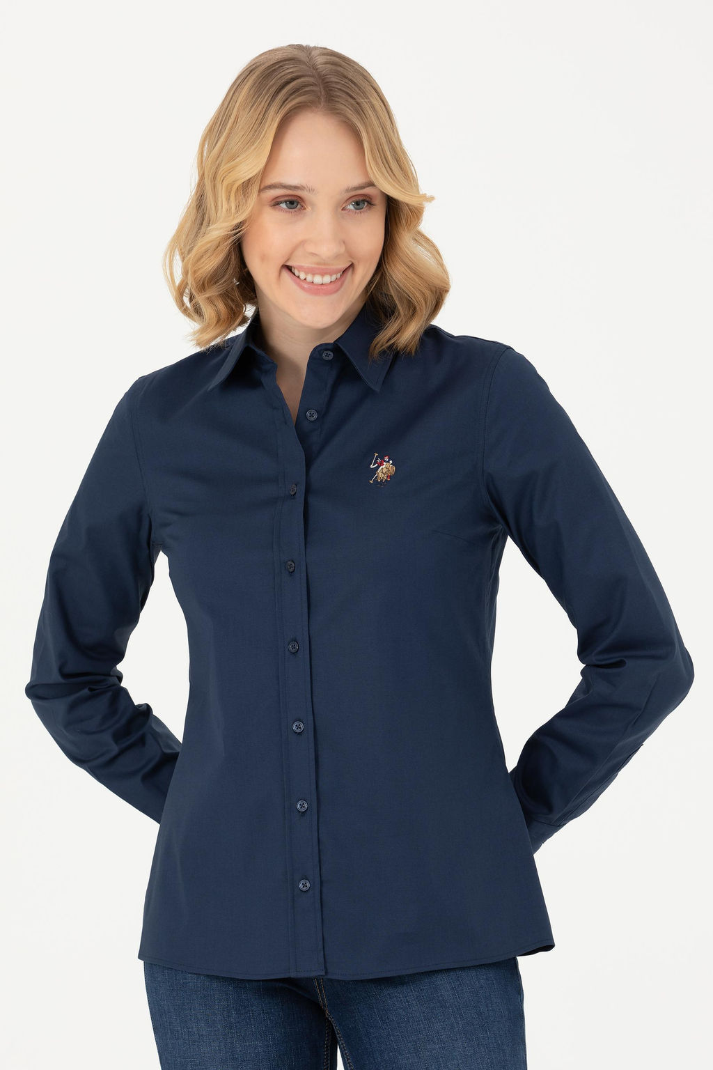 Женская базовая рубашка темно-синего цвета с длинным рукавом - U.s. polo assn фото 10