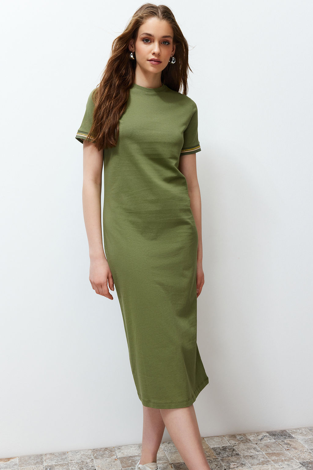 TRENDYOLMILLA Lacivert Triko Bant Detayl? Bisiklet Yaka K?sa Kol Esnek Midi Orme Maxi Elbise TWOSS24EL00121  фото 14