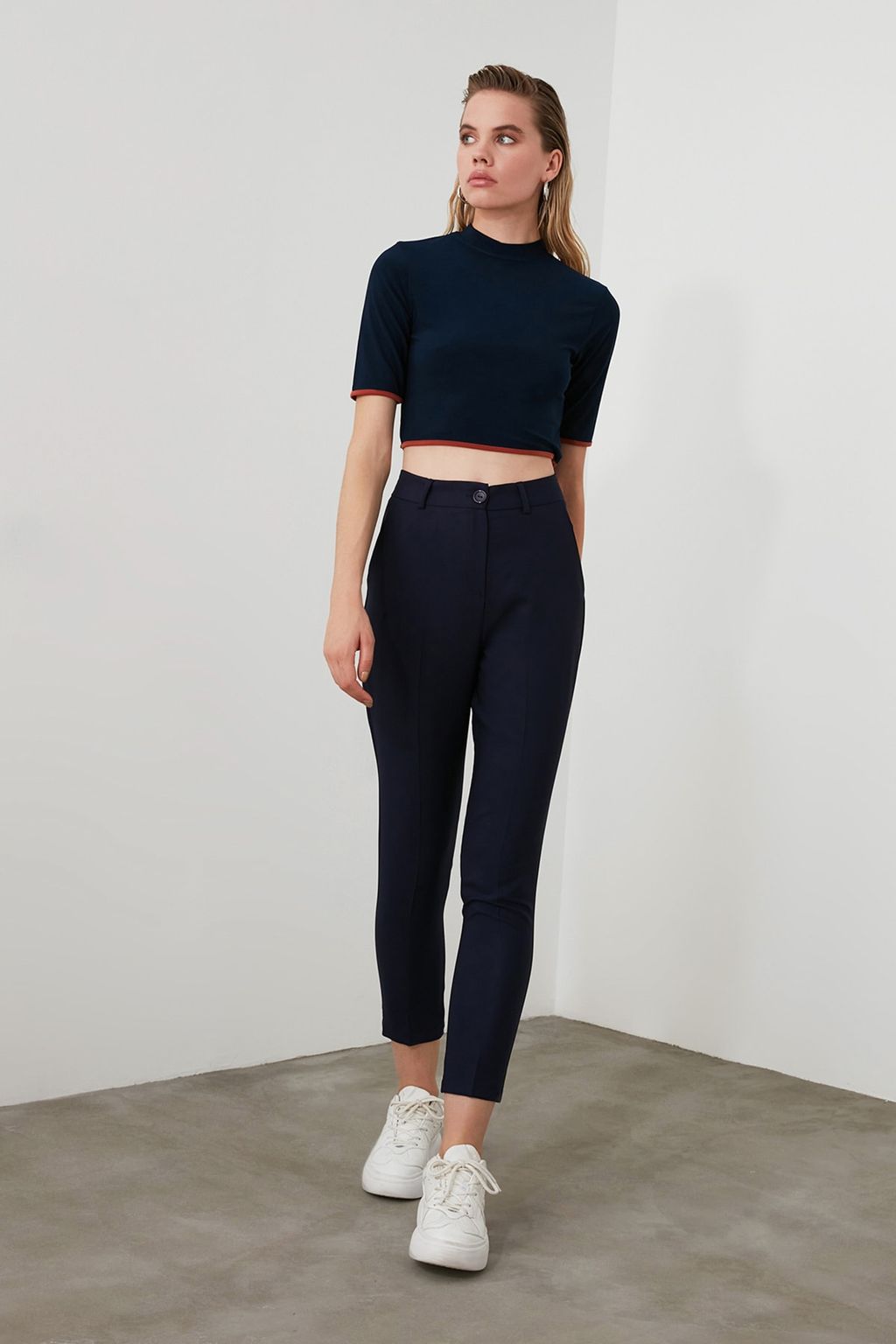 Lacivert Basic Cigarette Dar Paca Dokuma Kumas Pantolon TWOSS19ST0038