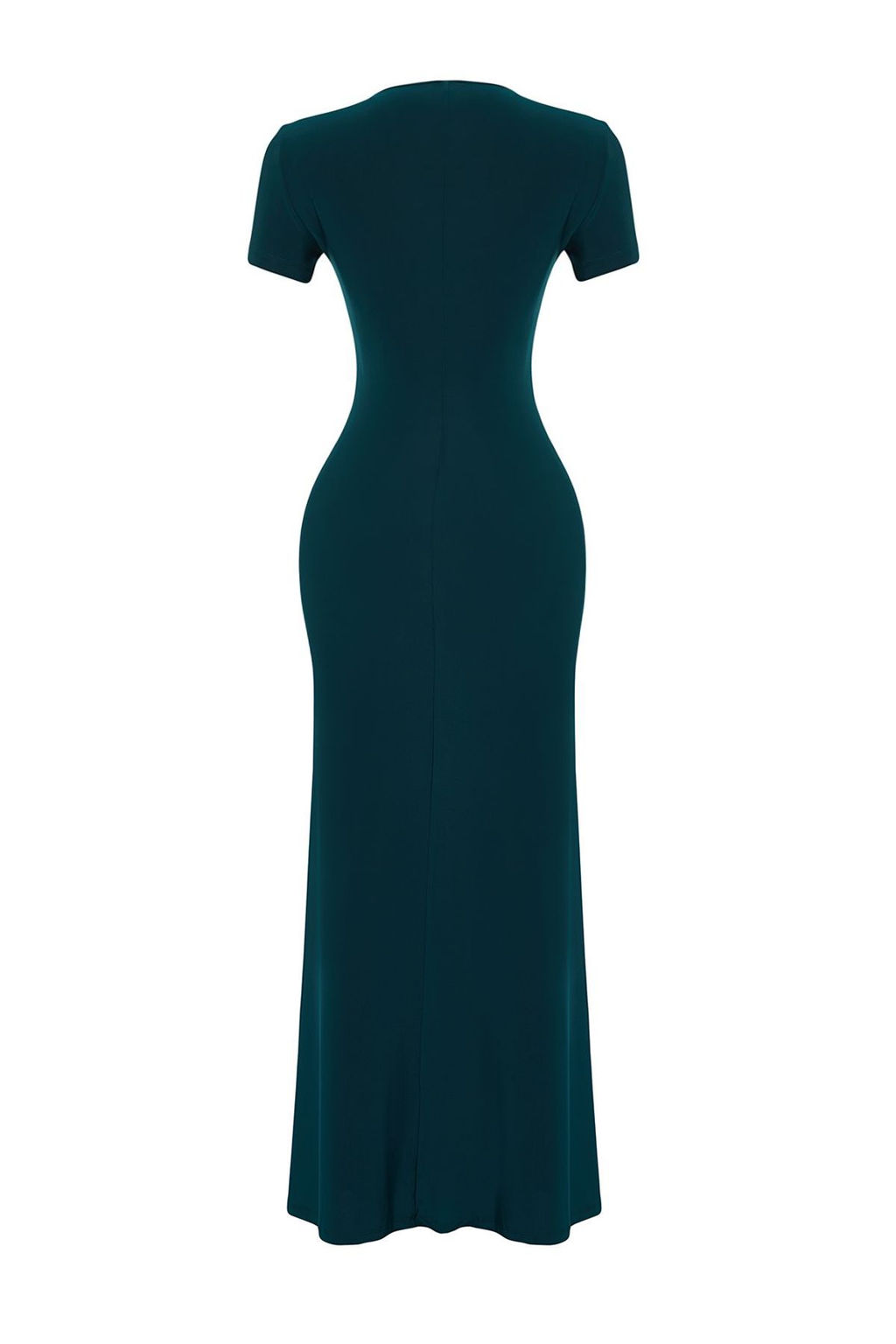 Zumrut Yesili K?sa Kol Vucuda Oturan Bisiklet Yaka Esnek Orme Maxi Kalem Elbise TWOSS24EL00097