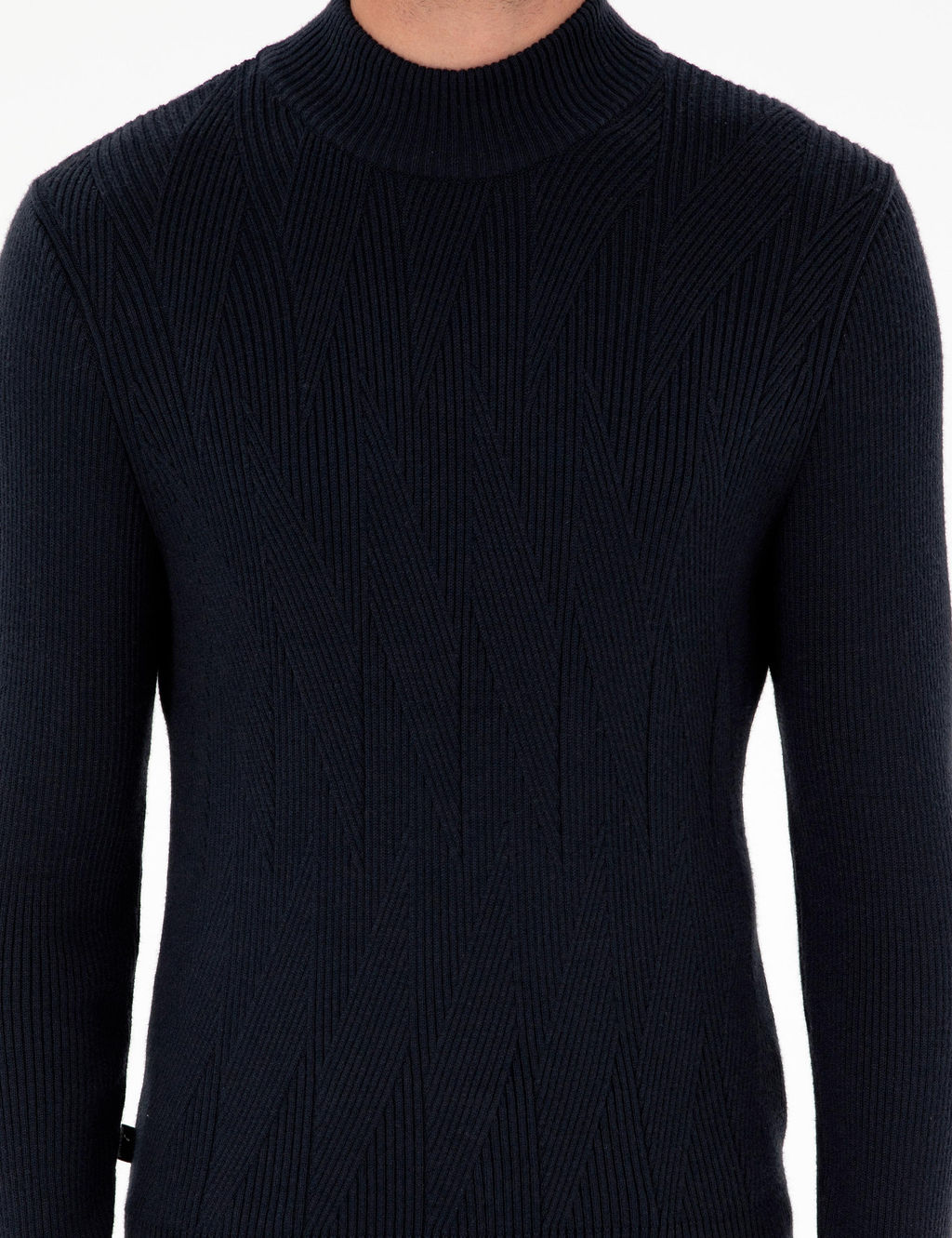 Lacivert Slim Fit Yar_m Bal_k__ Yaka Y_n Kar___ml_ Triko Kazak