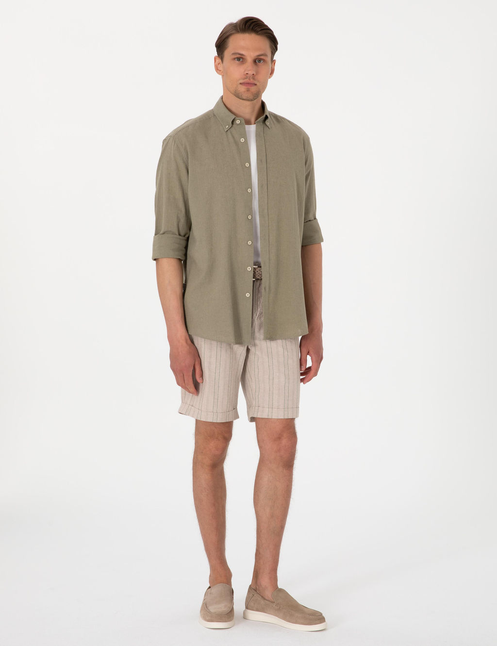 Haki Slim Fit Keten Kar___ml_ _izgili Dokuma _ort