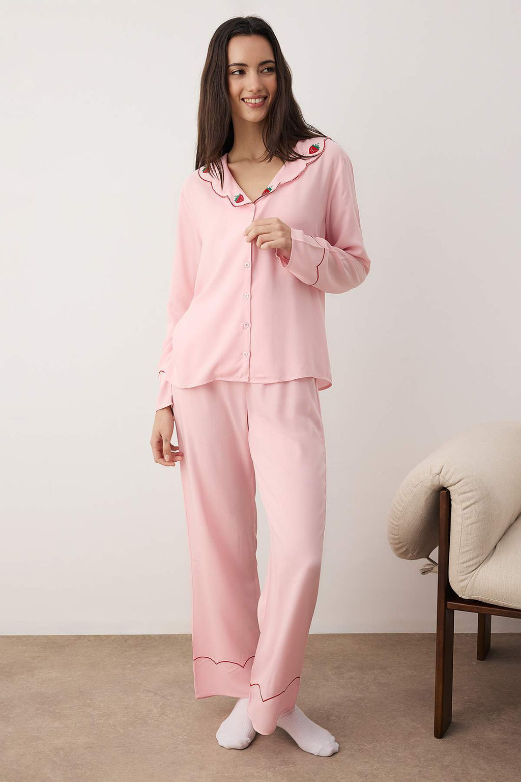 Pembe Duz Shally Dokuma Pijama Tak?m? THMAW26PT00169 - Trendyolmilla фото 2