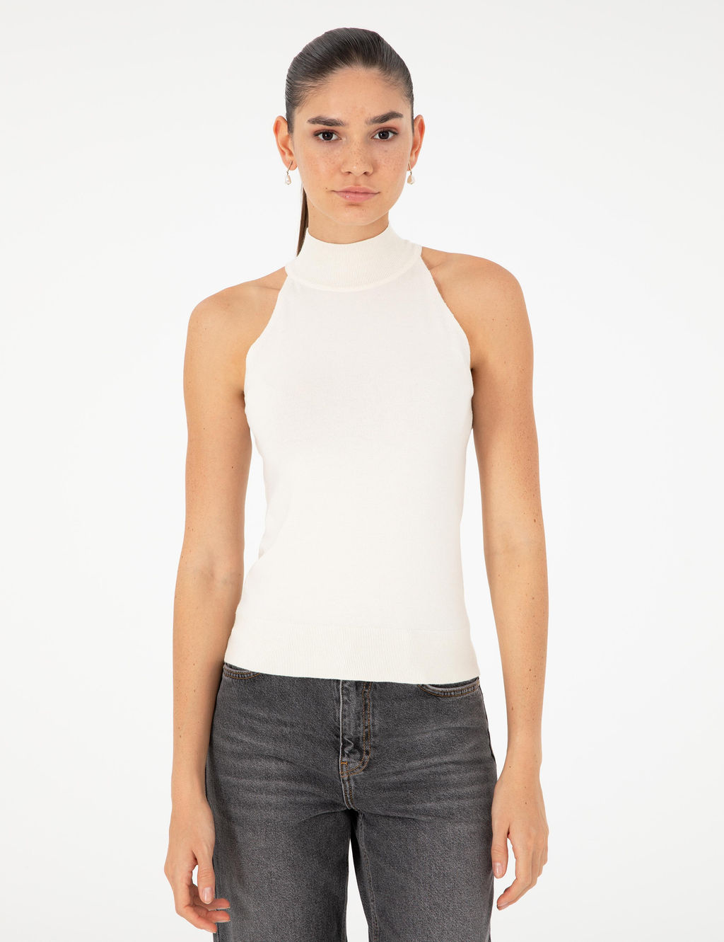 Ekru Slim Fit Triko Bluz