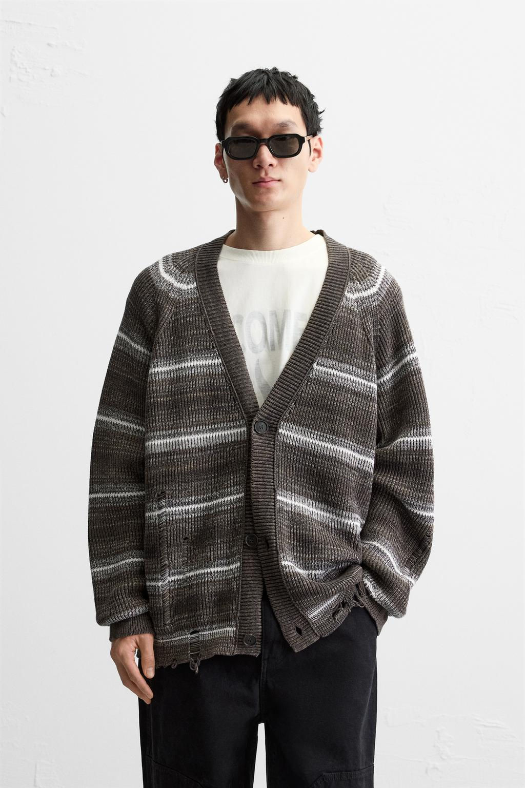 STRIPED DISTRESSED-EFFECT CARDIGAN - Zara фото 3