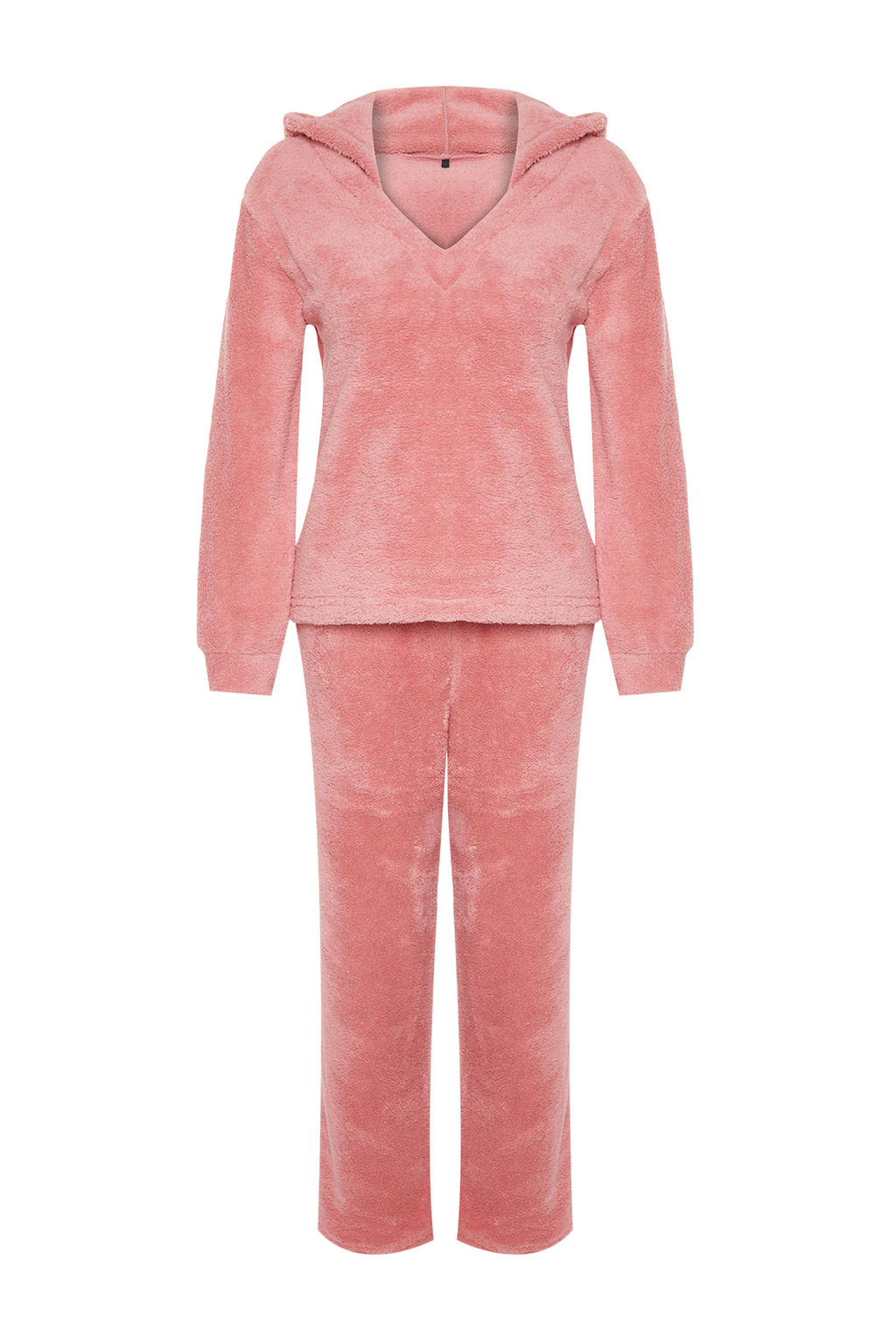 Pembe Wellsoft Kapuson Kulak Detayl? K?sl?k Orme Pijama Tak?m? THMAW24PT00030