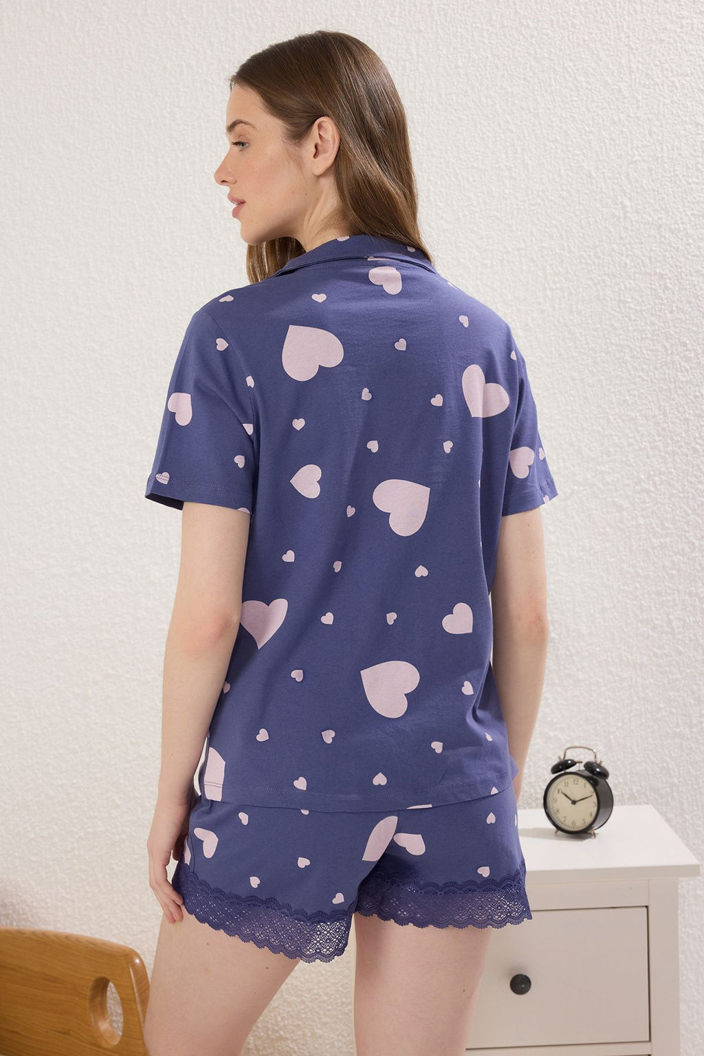 Mavi %100 Pamuklu Kalpli Dantel Detayl? Sortlu Orme Pijama Tak?m? THMSS25PT00302 - Trendyolmilla фото 5