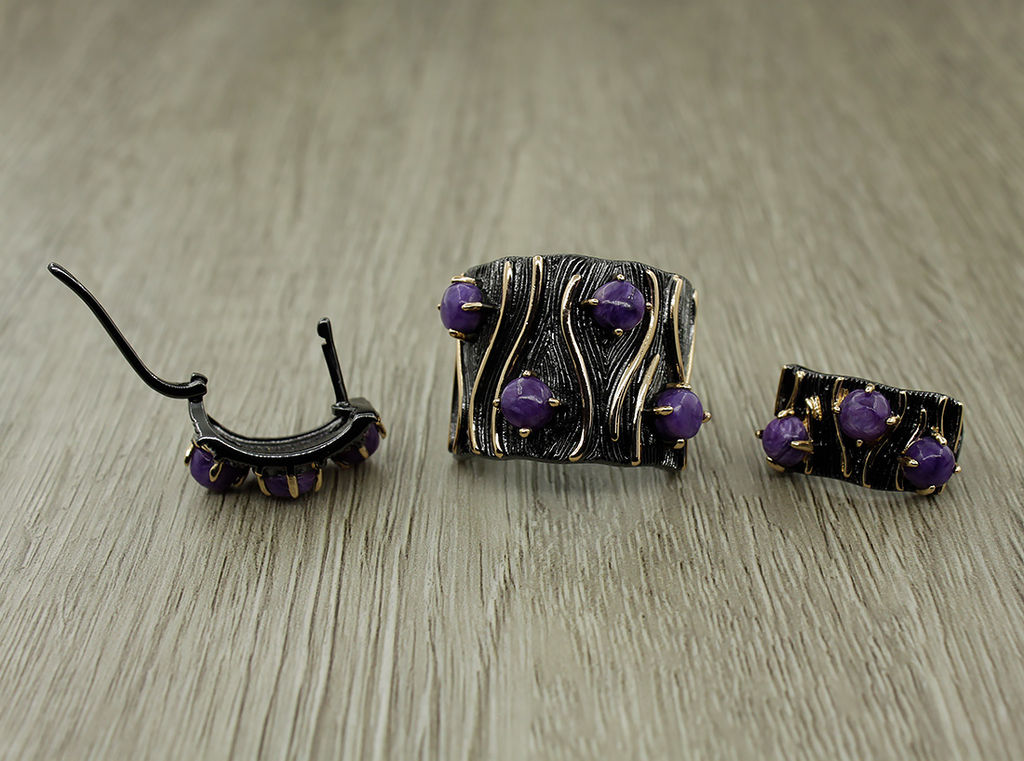 Комплект Чара-51, чароит, покрытие под бронзу, размеры кольца: 17, 18, 19, 20 - Agat77 фото 3