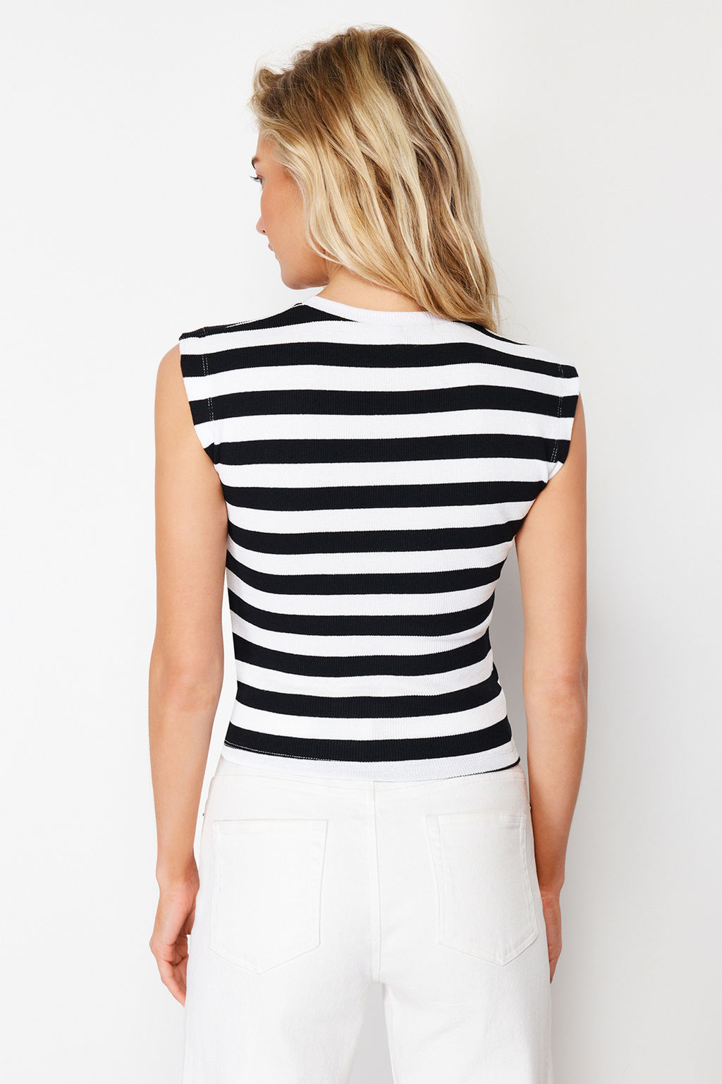 Siyah-Cok Renkli 2li Paket Cizgili ve Duz Fitilli Crop Ay Kol Esnek Orme Bluz TWOSS24BZ00367 - Trendyolmilla фото 6