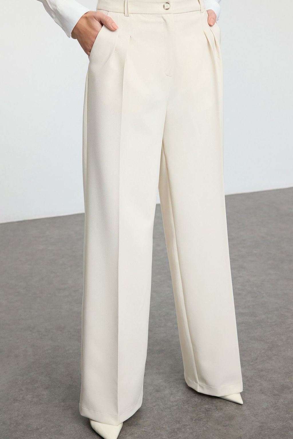 Ekru Pilili Wide Leg/Genis Paca Dokuma Pantolon TWOAW25PL00109 Palazzo