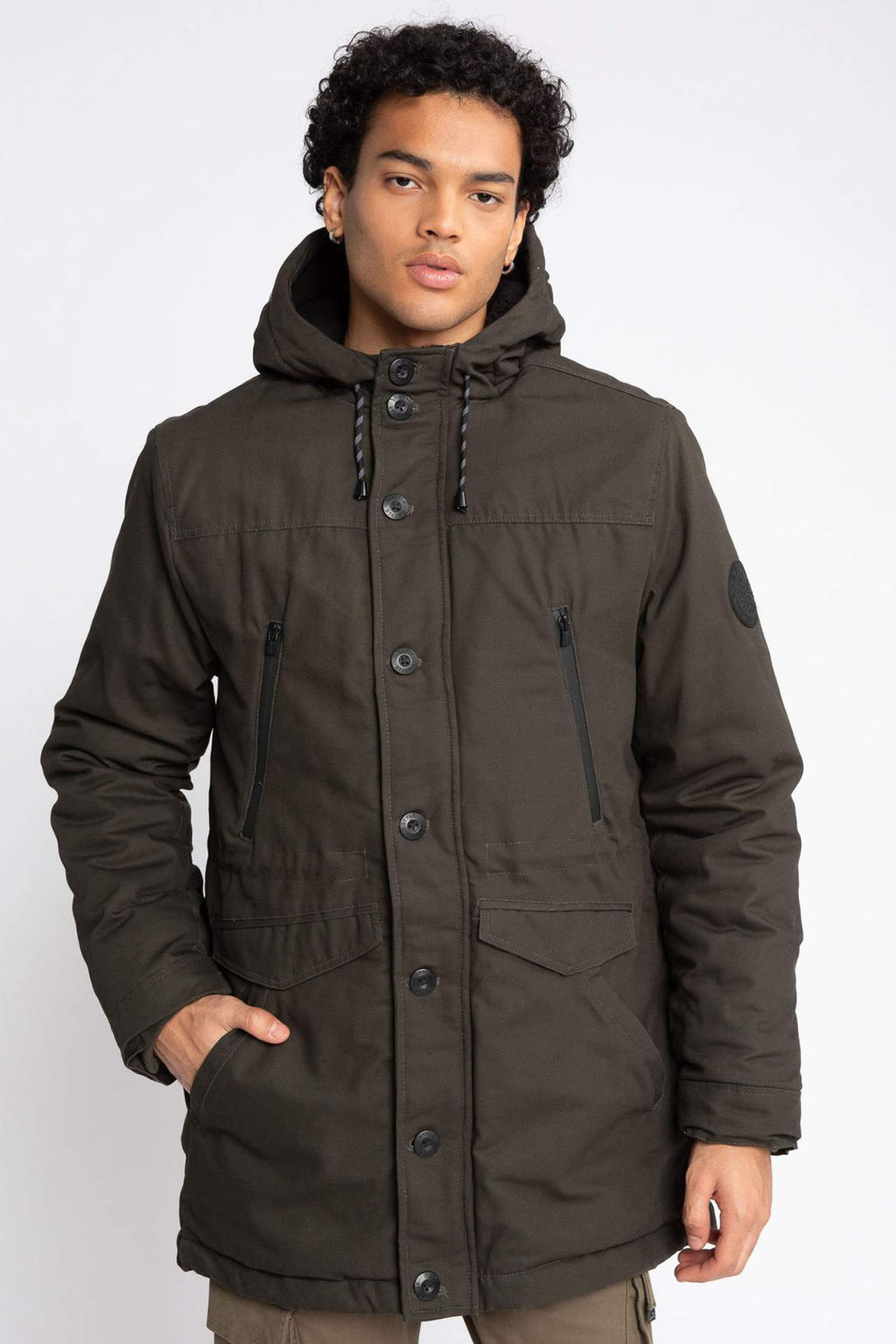 Slim Fit Dar Kesim Kapusonlu Pelus Astar Fermuarl? C?tc? Kapamal? Cepli Mont Parka - Defacto фото 3