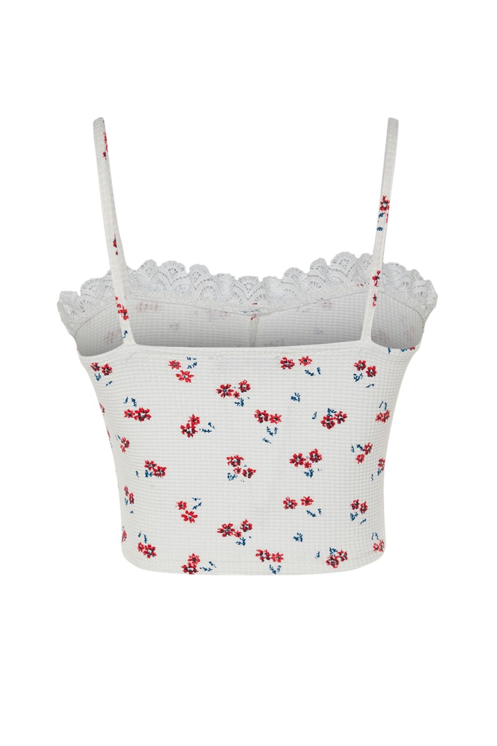 Beyaz Cicek Bask?l? Ask?l? Fitted/Vucuda Oturan Waffle Kumas Super Crop Orme Bluz TWOSS23BZ00375 - Trendyolmilla фото 8