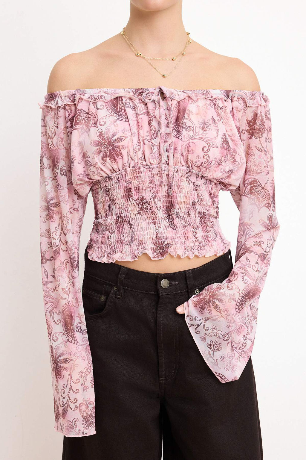 Cok Renkli Sal Desen Fitted/Vucuda Oturan Havuz Yaka Gipeli Crop Tul Orme Bluz TWOSS26BZ00146 - Trendyolmilla фото 3