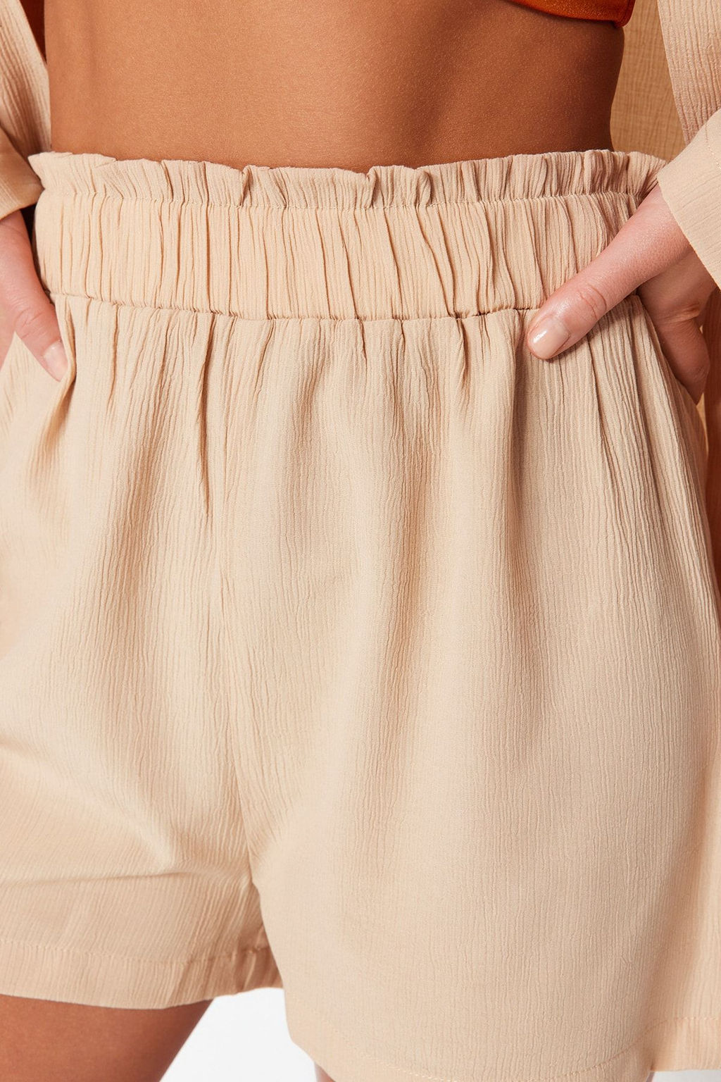 Plaj Giyim Bej Dokuma Yuksek Bel Mini Kimono-Sort Tak?m TBESS23AU00089