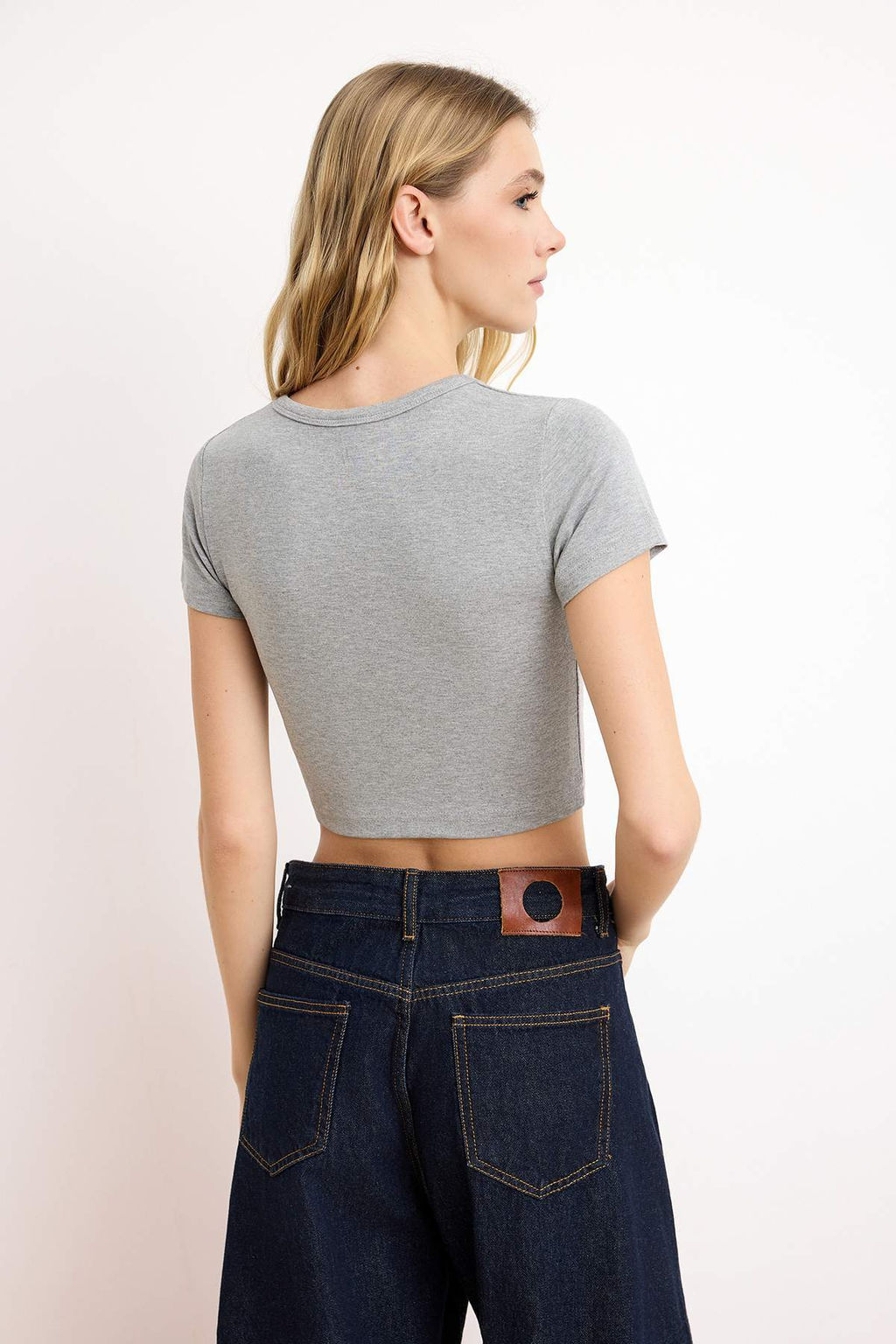 Lacivert-Gri Melanj 2li Paket Crop Viskoz/Yumusak Kumas Esnek Orme Bluz TWOSS23BZ00108