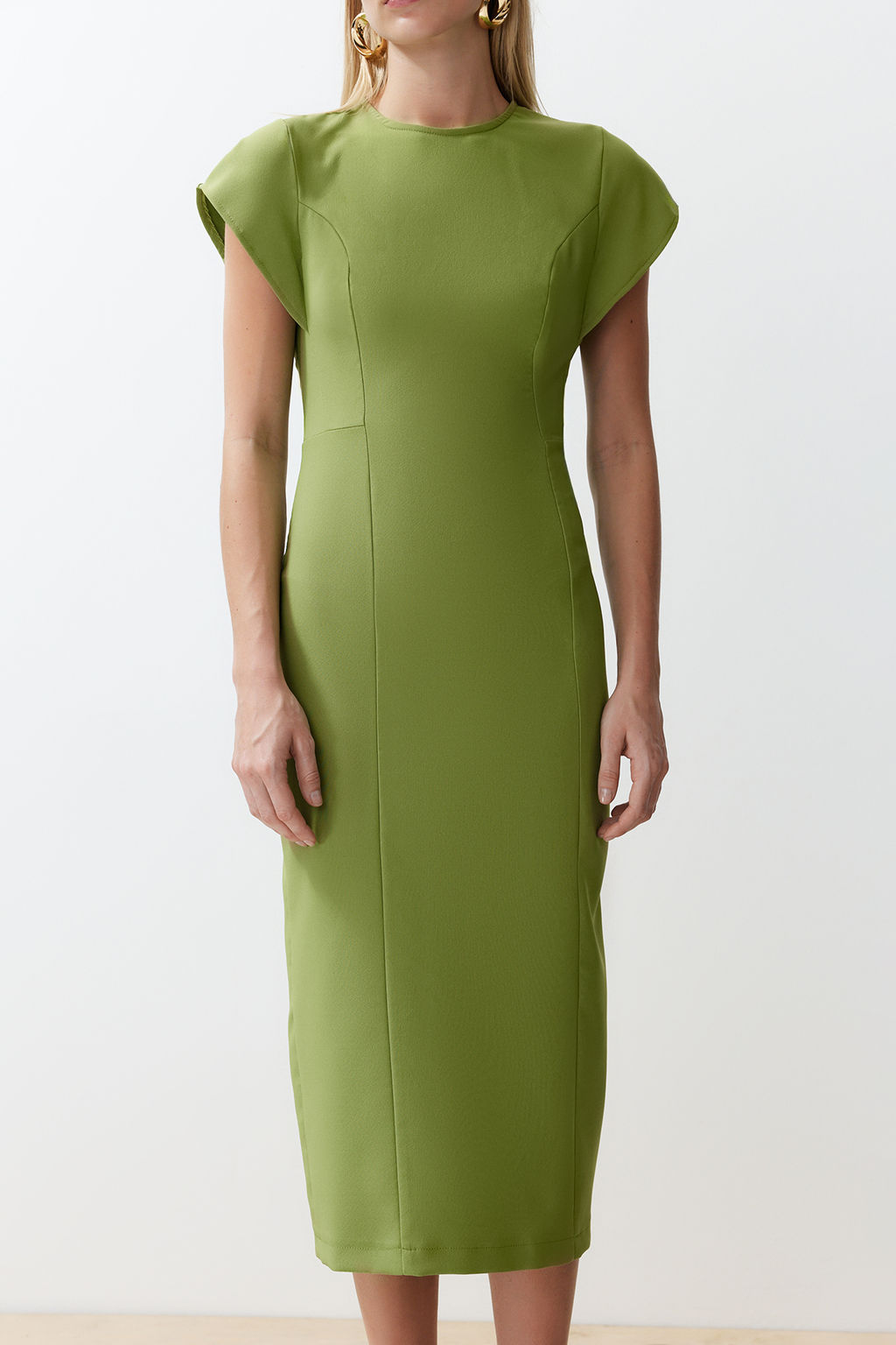 Yesil Vucudu Saran Dusuk Kol Bisiklet Yaka Midi Kalem Etek Dokuma Elbise TWOSS24EL00608 - Trendyolmilla фото 5