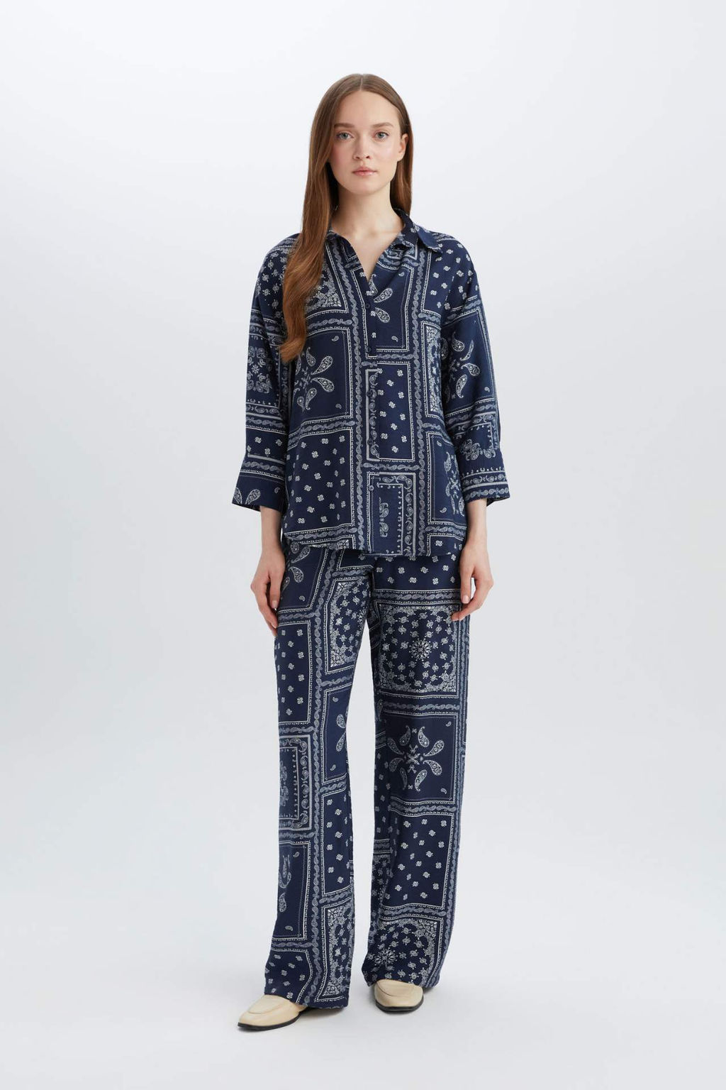 Rahat Pantolon Wide Leg Genis Bol Paca Desenli Yuksel Bel - Defacto фото 4