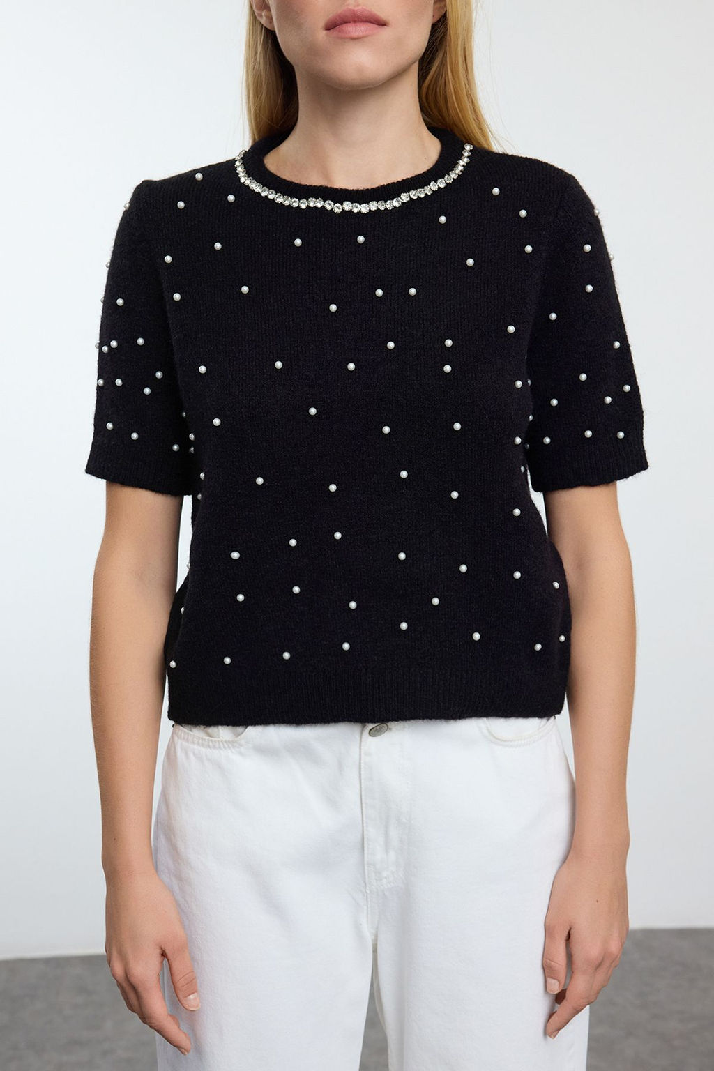 Siyah Yunlu Inci ve Tas Islemeli Triko Kazak TWOAW25KZ00127 - Trendyolmilla фото 3