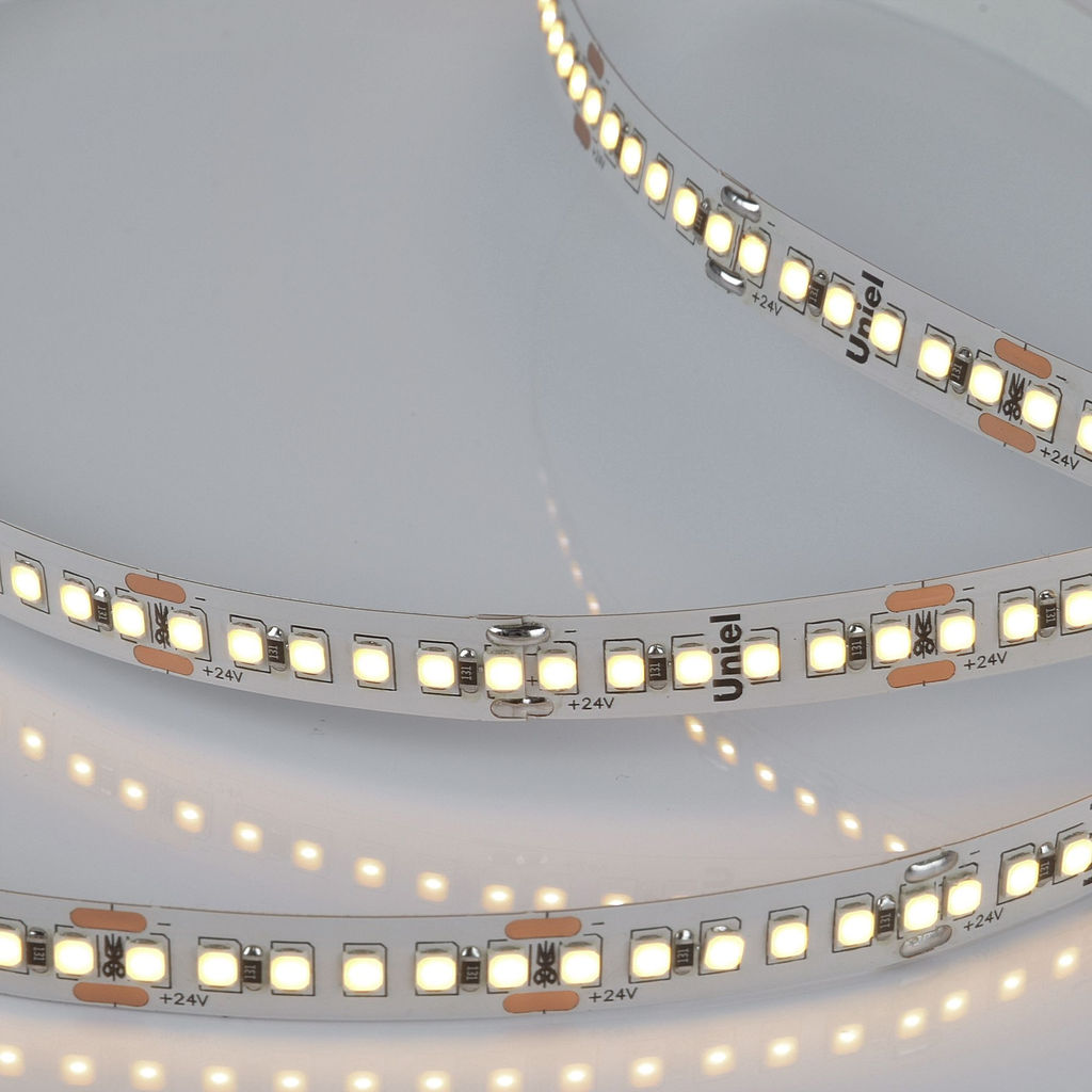ULS-2835-180LED/m-10mm-IP20-DC24V-17W/m-5M-3000K Гибкая светодиодная лента на самоклеящейся основе. Катушка 5м. в герметичной упаковке. Теплый белый свет(3000К). ТМ Uniel