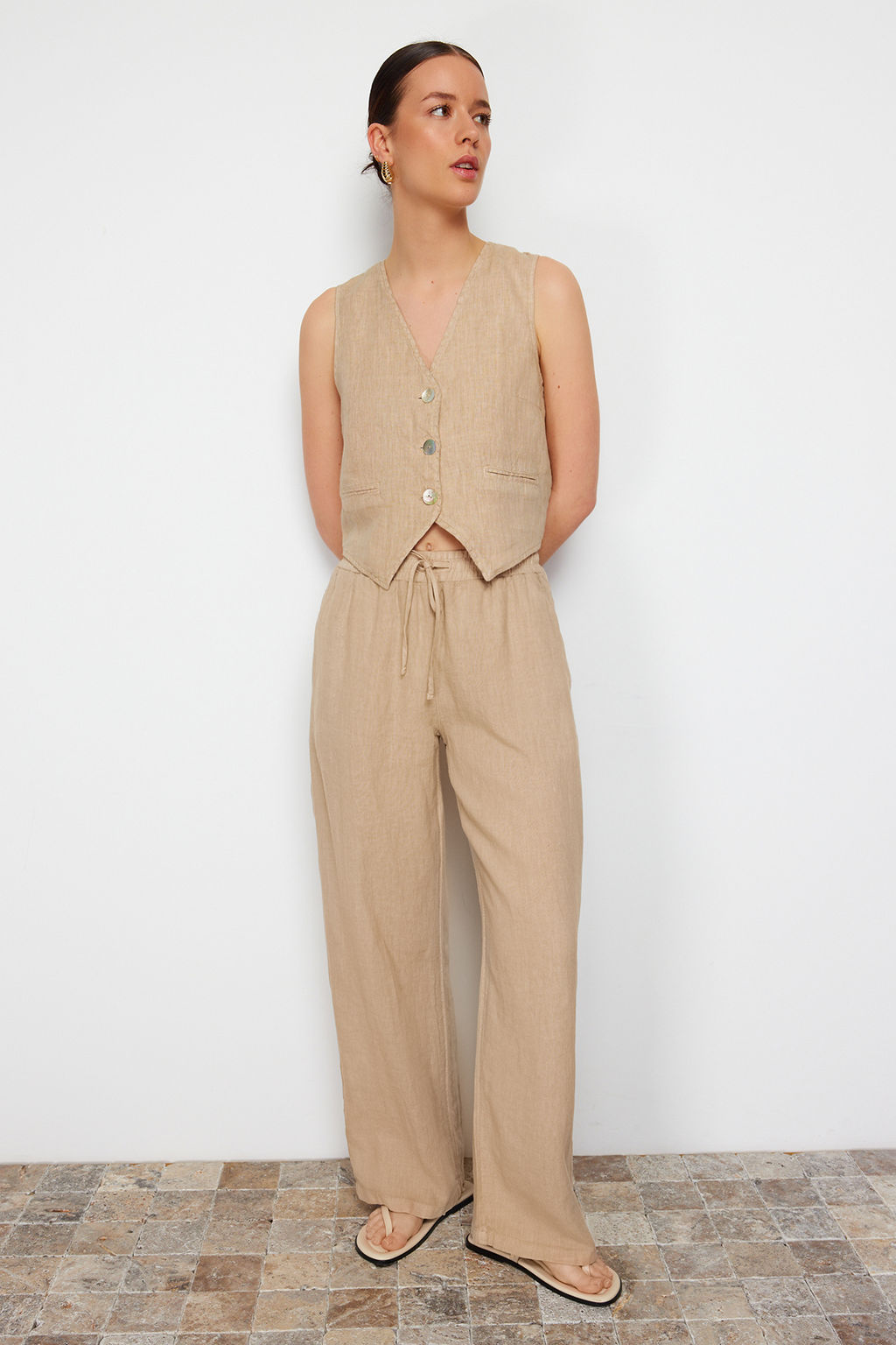 Lacivert %100 Keten Beli Lastikli Yuksek Bel Wide Leg Pantolon TWOSS24JE00249 - Trendyolmilla фото 7