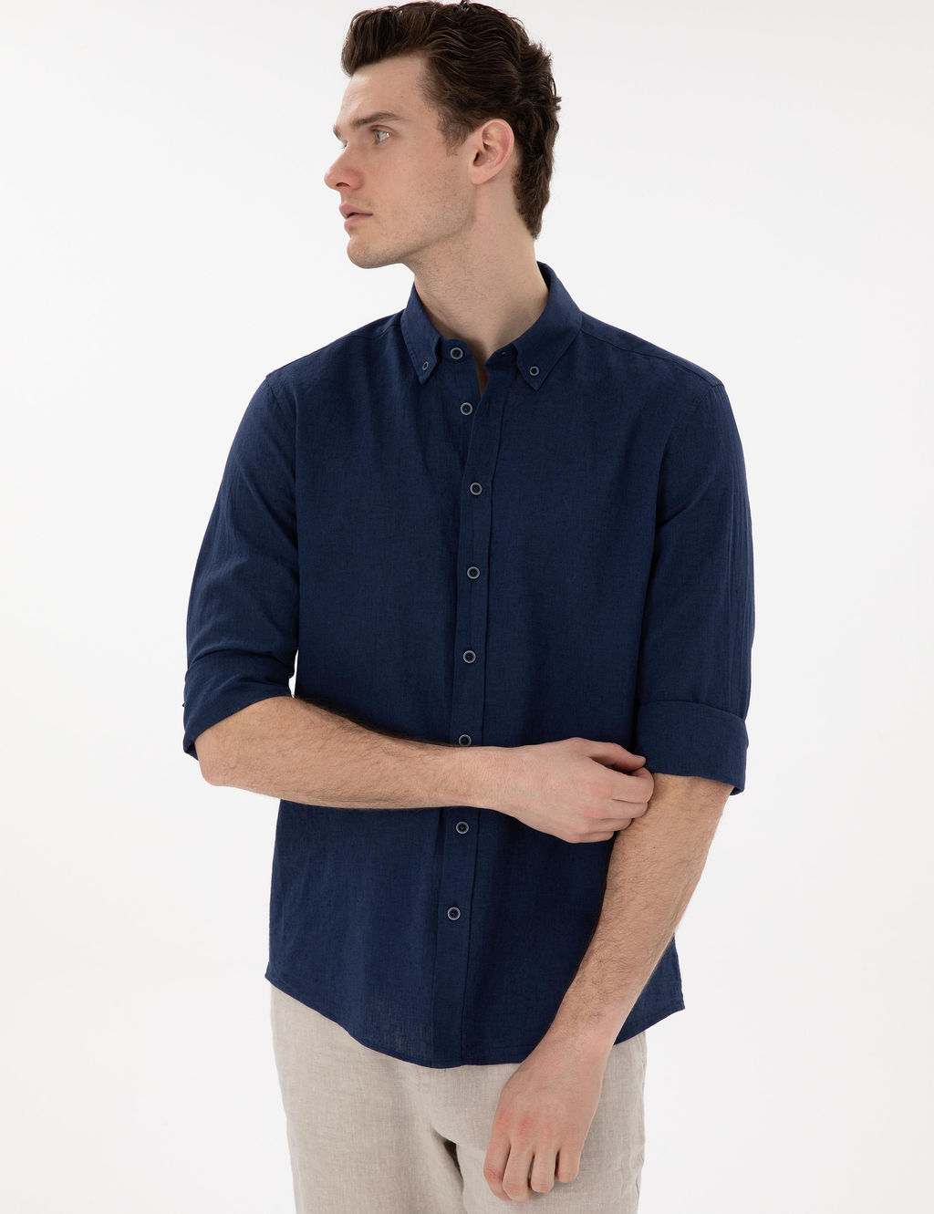 Lacivert Keten Kar___ml_ Regular Fit Uzun Kollu G_mlek