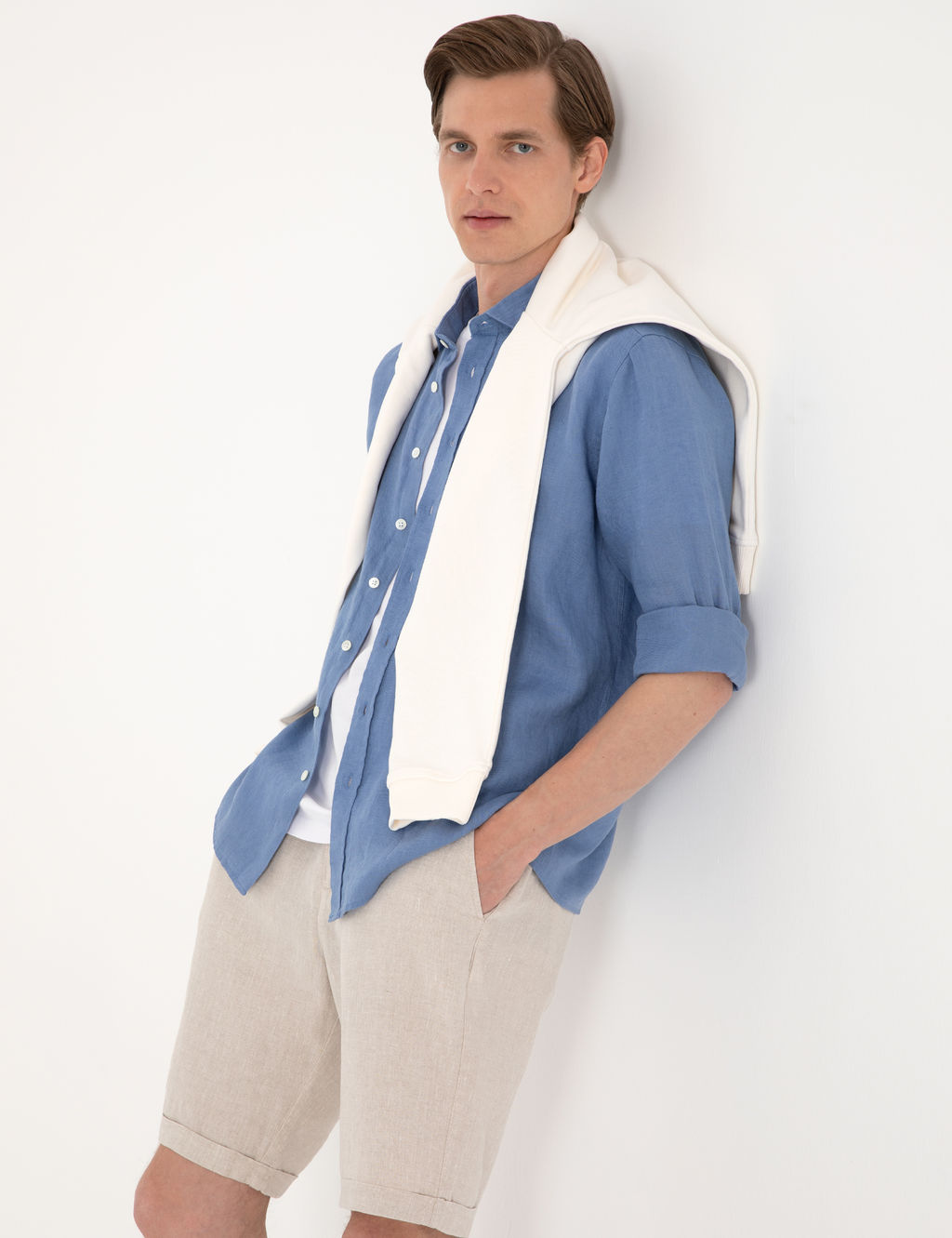 Mavi %100 Keten Regular Fit Uzunkollu G_mlek