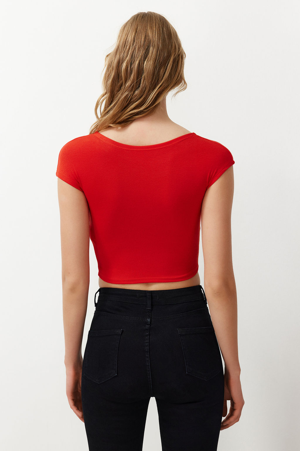 K?rm?z? Bisiklet Yaka Ay Kol Crop Orme Bluz TWOSS24BZ00446