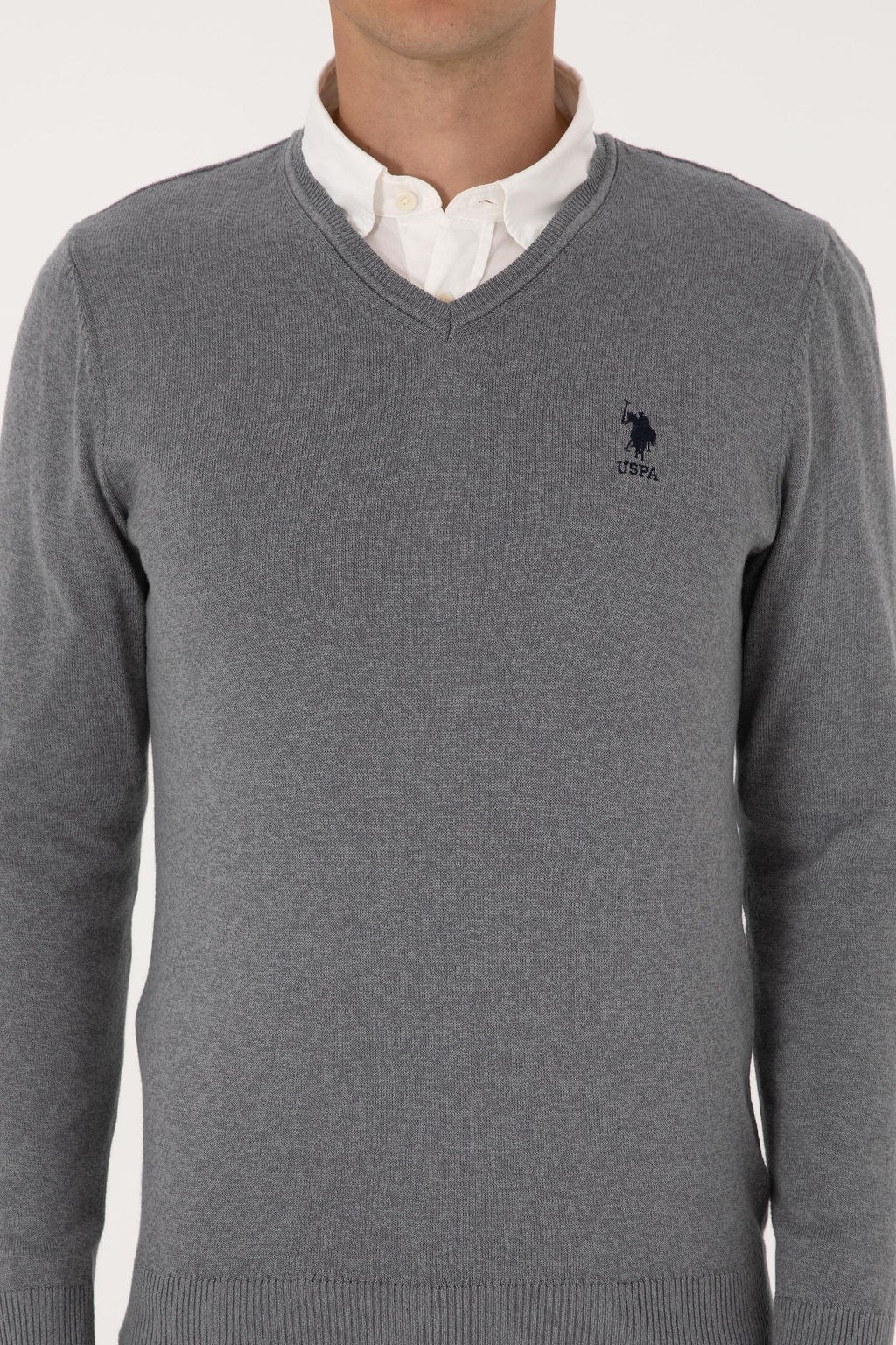 Erkek Slim Fit V Yaka Gri Melanj Basic Kazak