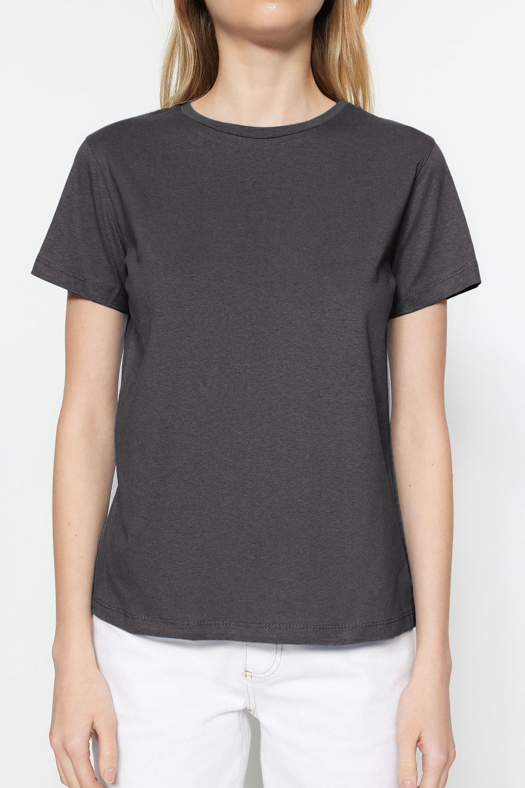 Antrasit-Sar? Basic %100 Pamuk Bisiklet Yaka 2li Paket Orme T-Shirt TWOSS20TS0141