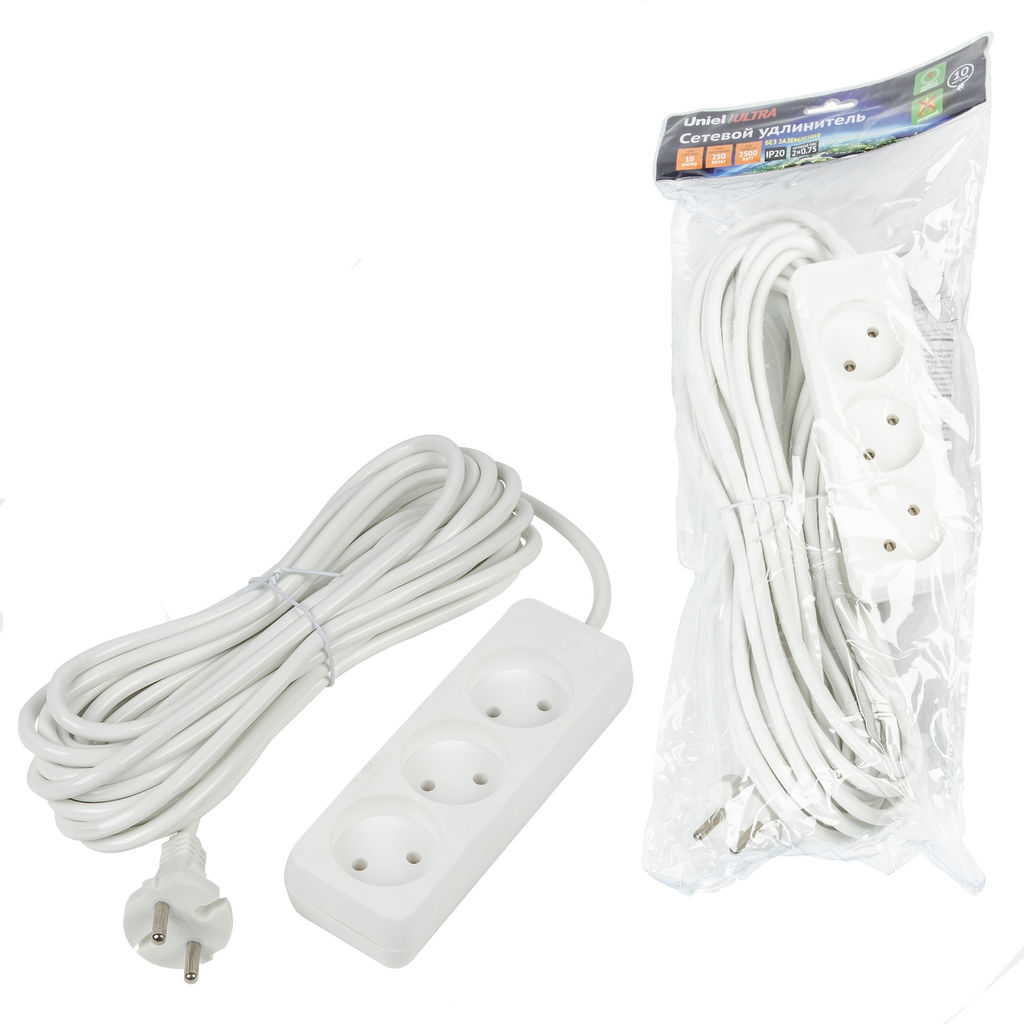 S-CU3-10 WHITE Удлинитель серии Ultra, шнур 10м., 3 гнезда, 10A, б/з. Белый. TM Uniel