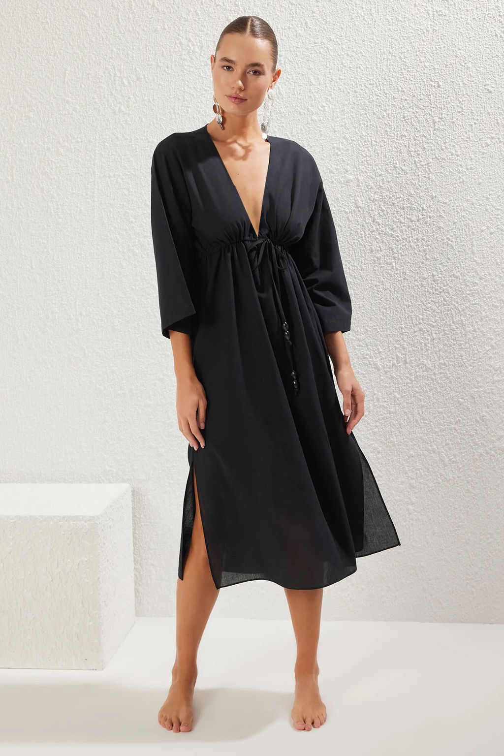TRENDYOLMILLA Zebra Desenli Maxi Dokuma Buzgu Detayl? %100 Pamuklu Plaj Elbisesi TBESS25EL00017