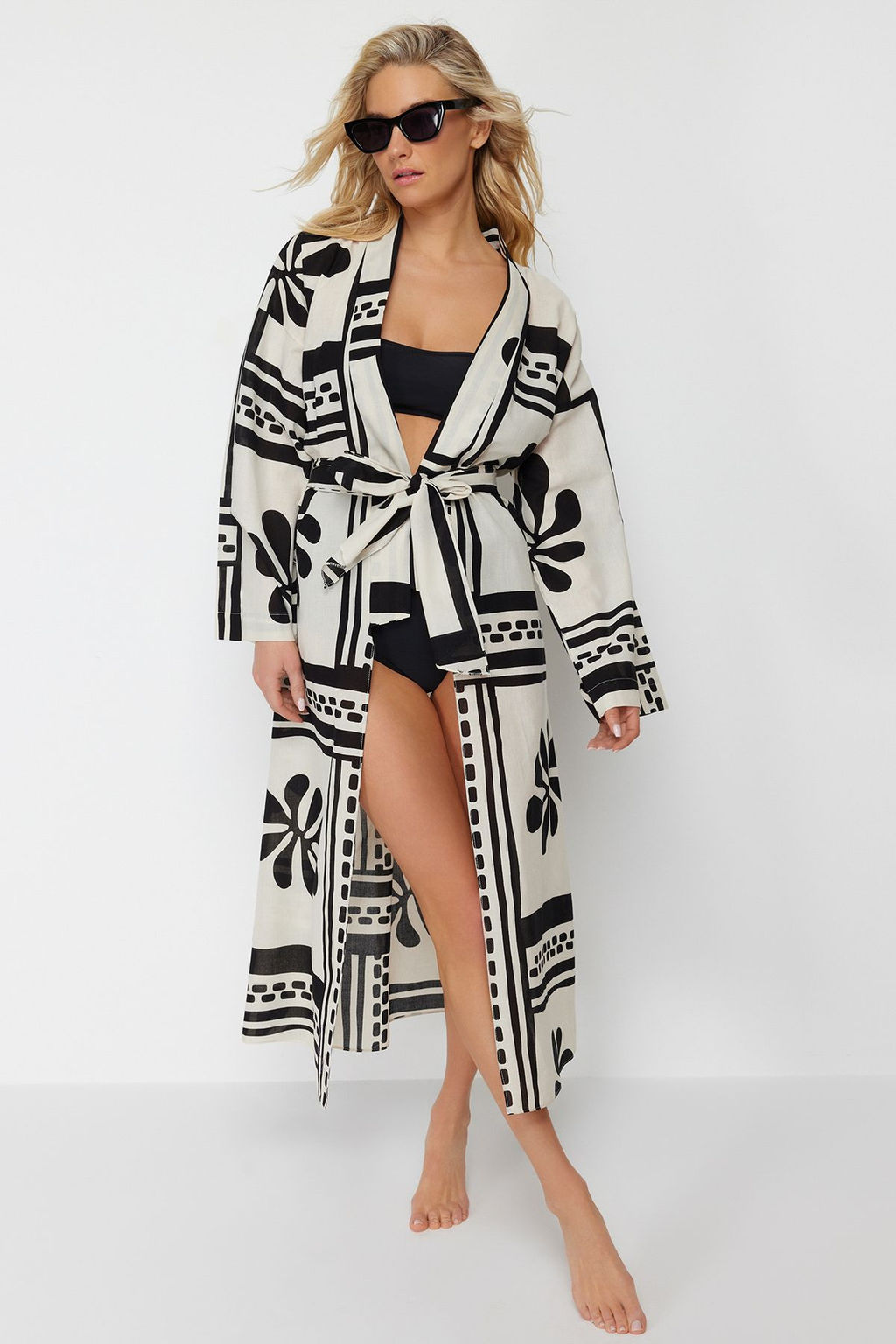 Plaj Giyim %100 Pamuk Cicek Desenli Dokuma Kusakl? Maxi Kimono&Kaftan TBESS24KM00013