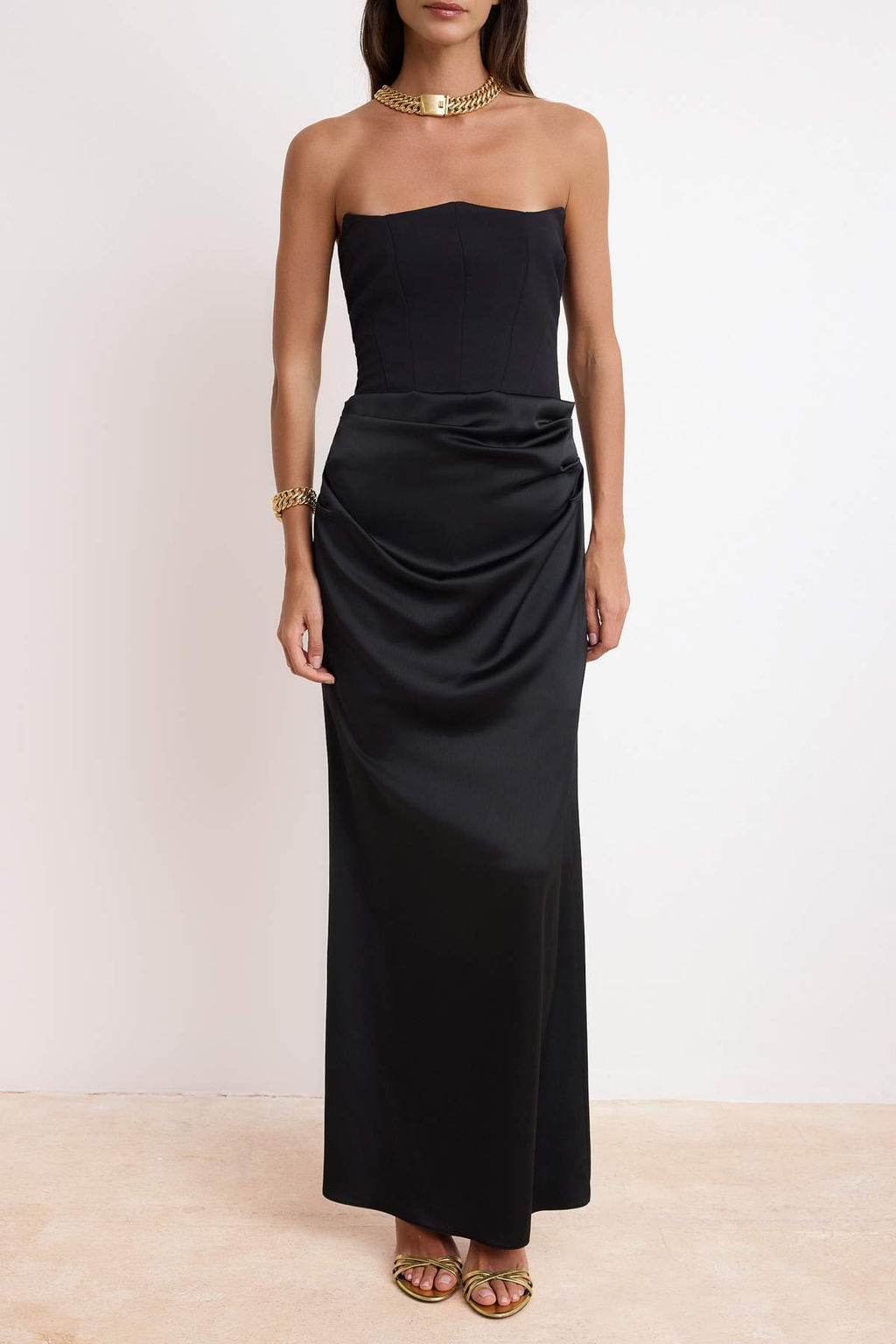 Siyah Straplez Dokuma Uzun S?k Mezuniyet/Balo Abiye Gece Mezuniyet Elbisesi TPRAW25EL00195