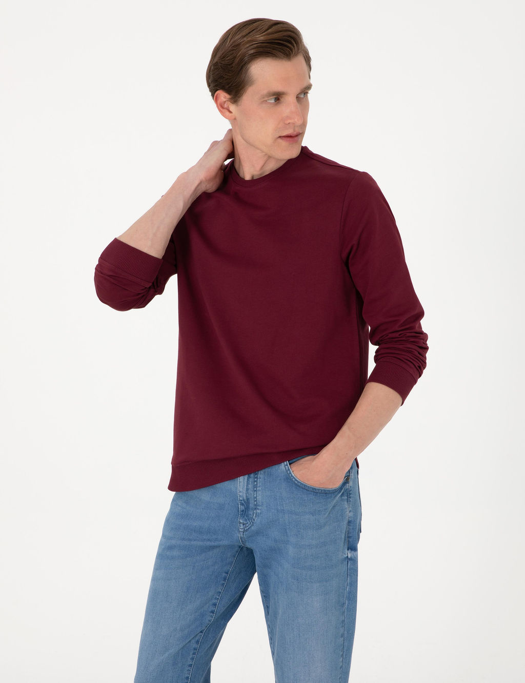 Bordo 2 _plik Regular Fit Bisiklet Yaka Basic Sweatshirt