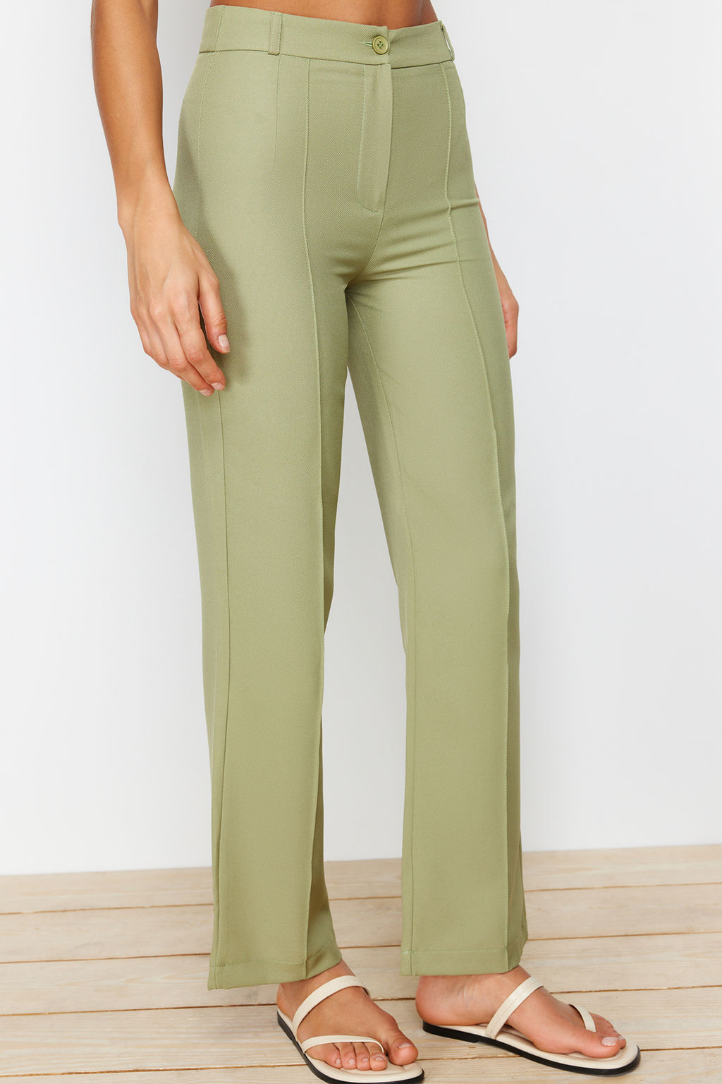 Yesil Straight/Duz Kesim Yuksek Bel Nervur Dikisli Dokuma Pantolon TWOSS21PL0093