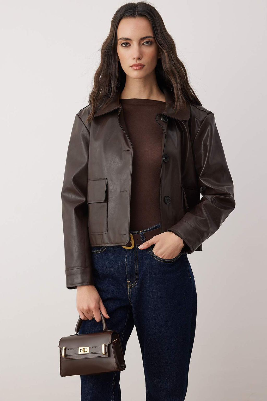 Koyu kahverengi Gold Toka Detayl? Kad?n Mini City Canta TAKAW26OC00030