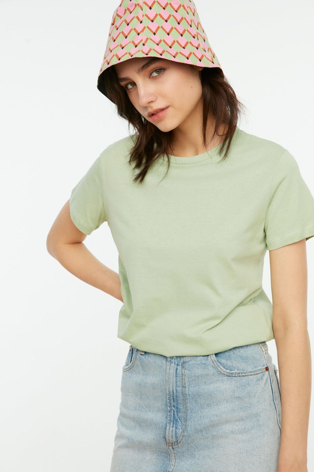 Pembe-Mint %100 Pamuk Suprem Bisiklet Yaka 2li Paket Orme T-Shirt TWOSS20TS0141