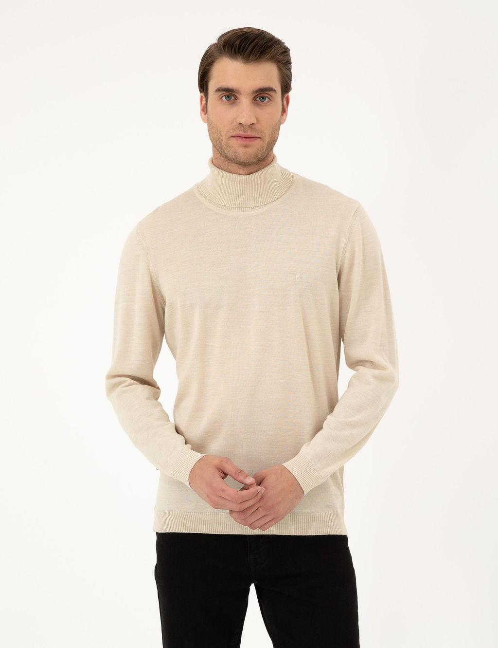 Bej Slim Fit Bal_k__ Yaka Y_n Kar___ml_ Basic Triko Kazak