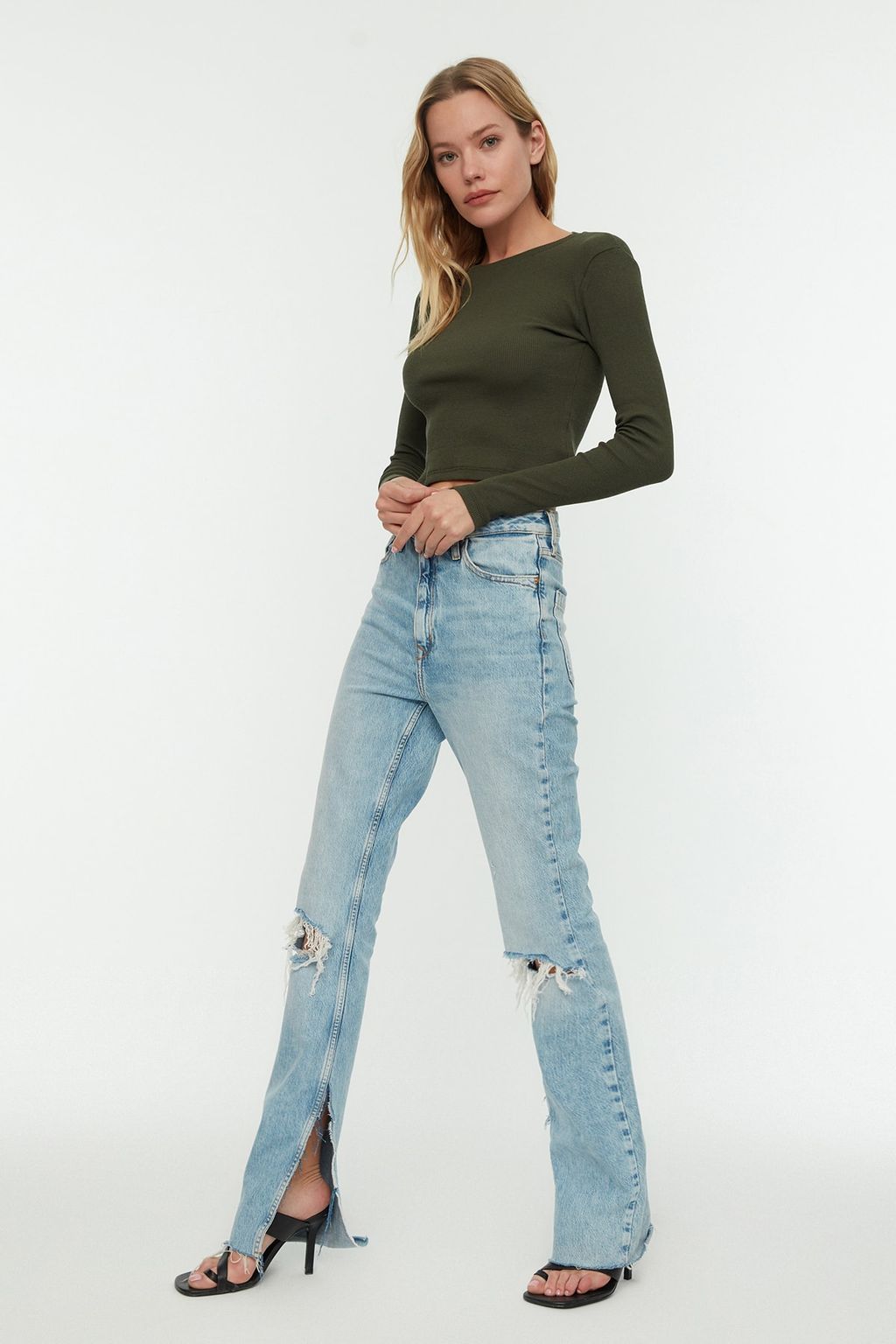 Siyah-Haki 2li Paket Fitted/Vucuda Oturan Bisiklet Yaka Crop Fitilli Esnek Orme Bluz TWOAW22BZ0331