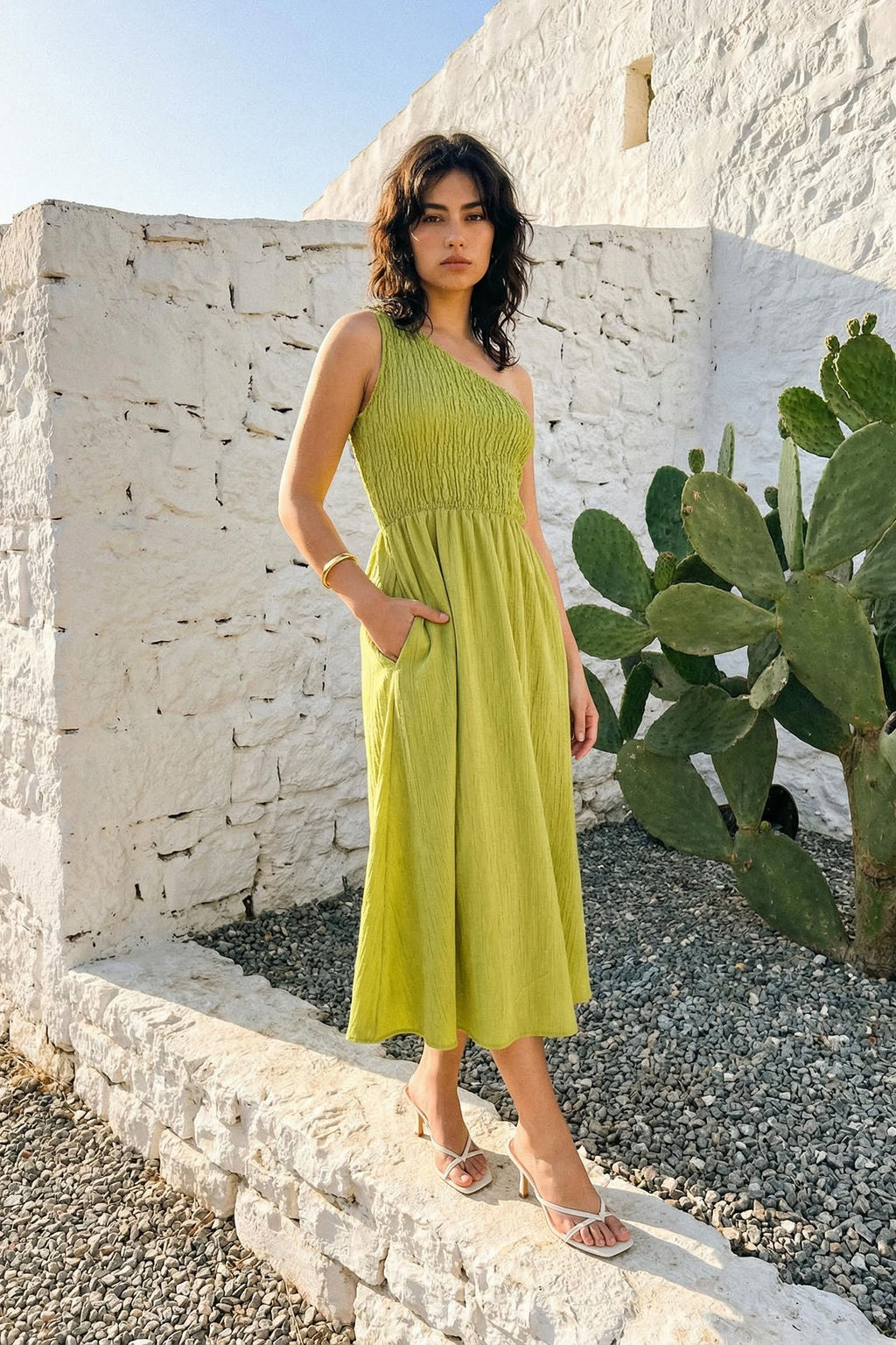 Yag Yesili Etegi Belden Ac?lan Gipeli Midi Dokuma Elbise TWOSS23EL01830