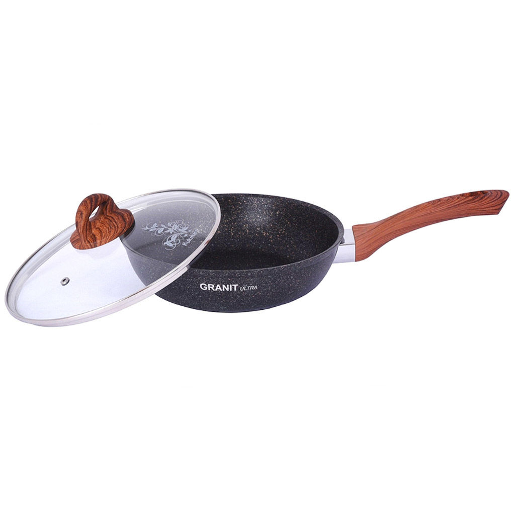 Сковорода с тефлоновым покрытием д24см Granit Ultra, h6см, ручка из термостойкого пластика 17см, стеклянная жаропрочная крышка, гранитный (Россия) - можно использовать металлические кухонные принадлежности - Домашняя мода фото 2