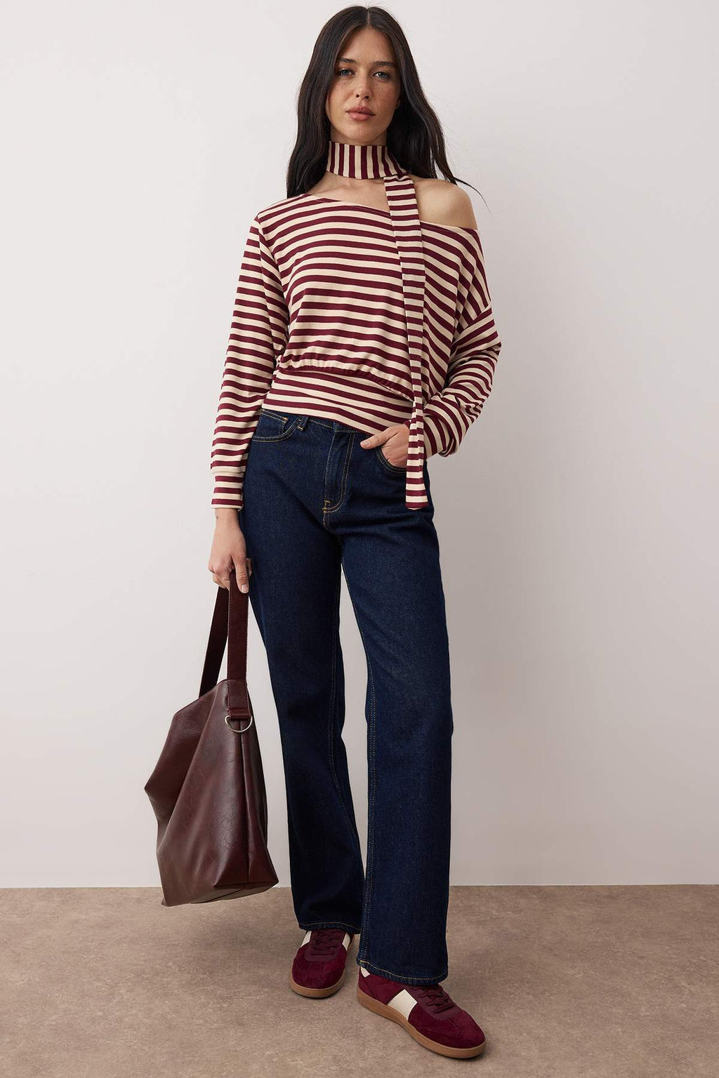 Cok Renkli Cizgili Ac?k Omuzlu Sal Aksesuar Detayl? Regular/Normal Kal?p Orme Bluz TWOAW26BZ00308 - Trendyolmilla фото 2