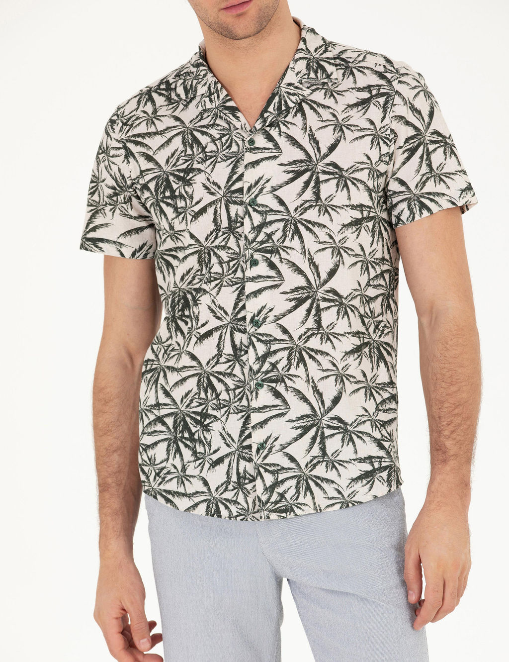 Рубашка из смесового льна хаки с короткими рукавами стандартного кроя - Cacharel фото 6