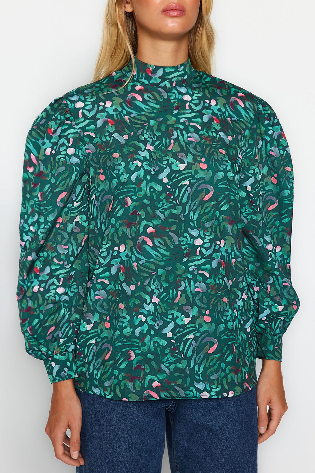 Yesil Dik Yaka Desenli Dokuma Bluz TWOAW21BZ0269