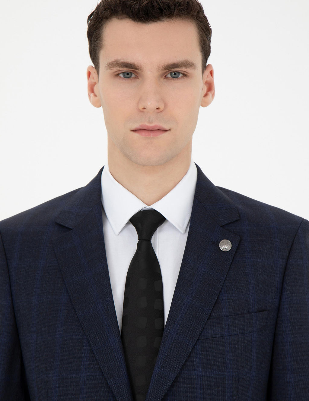 Lacivert Slim Fit %100 Y_n Ekose Tak_m Elbise