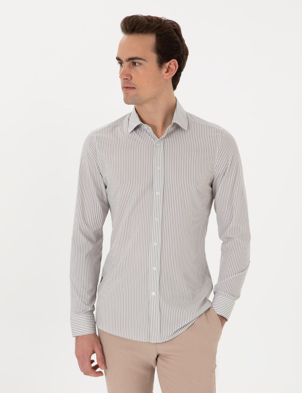 Haki _izgili Ex. Slim Fit Uzun Kollu G_mlek